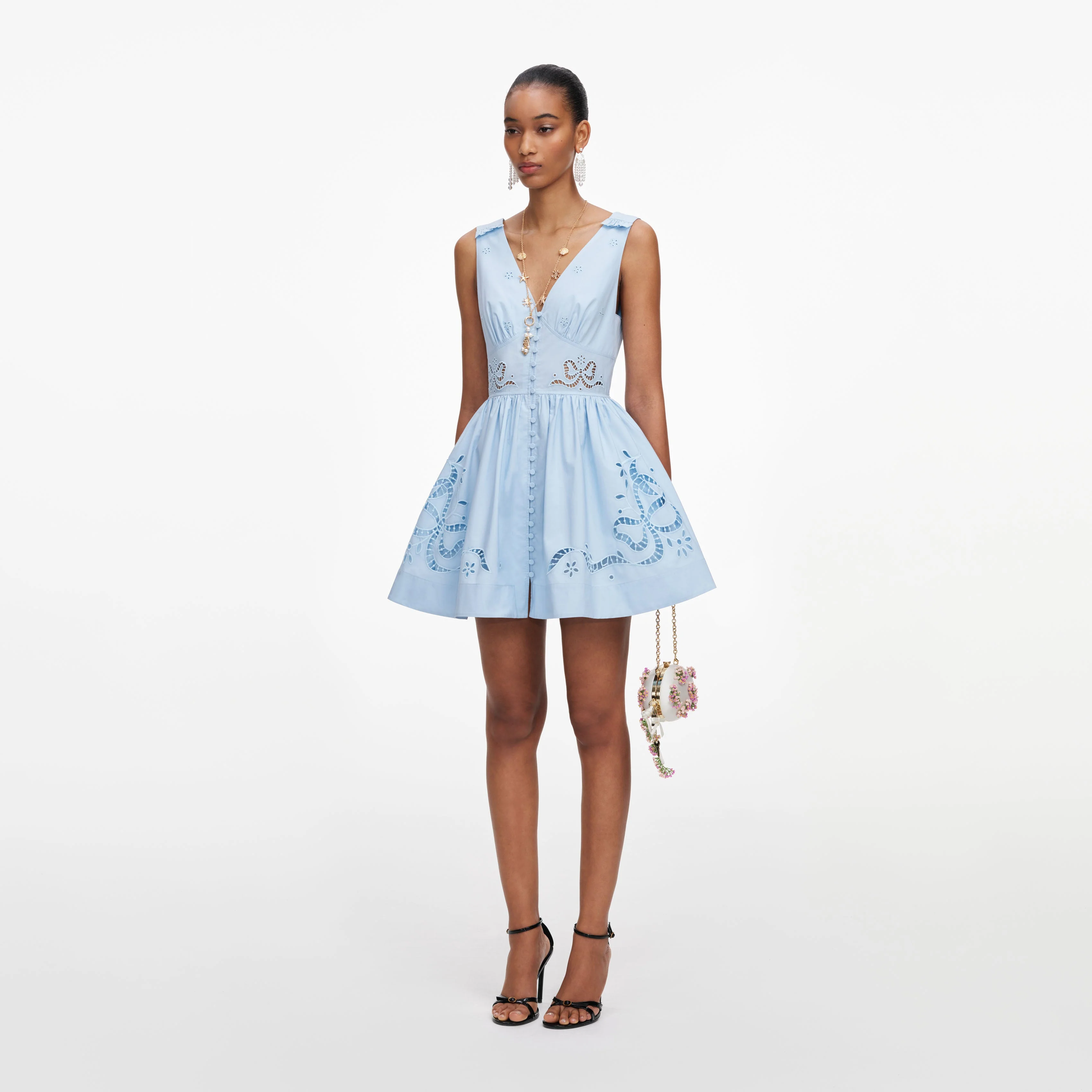 Blue Cotton Embroidered Mini Dress - Image 2