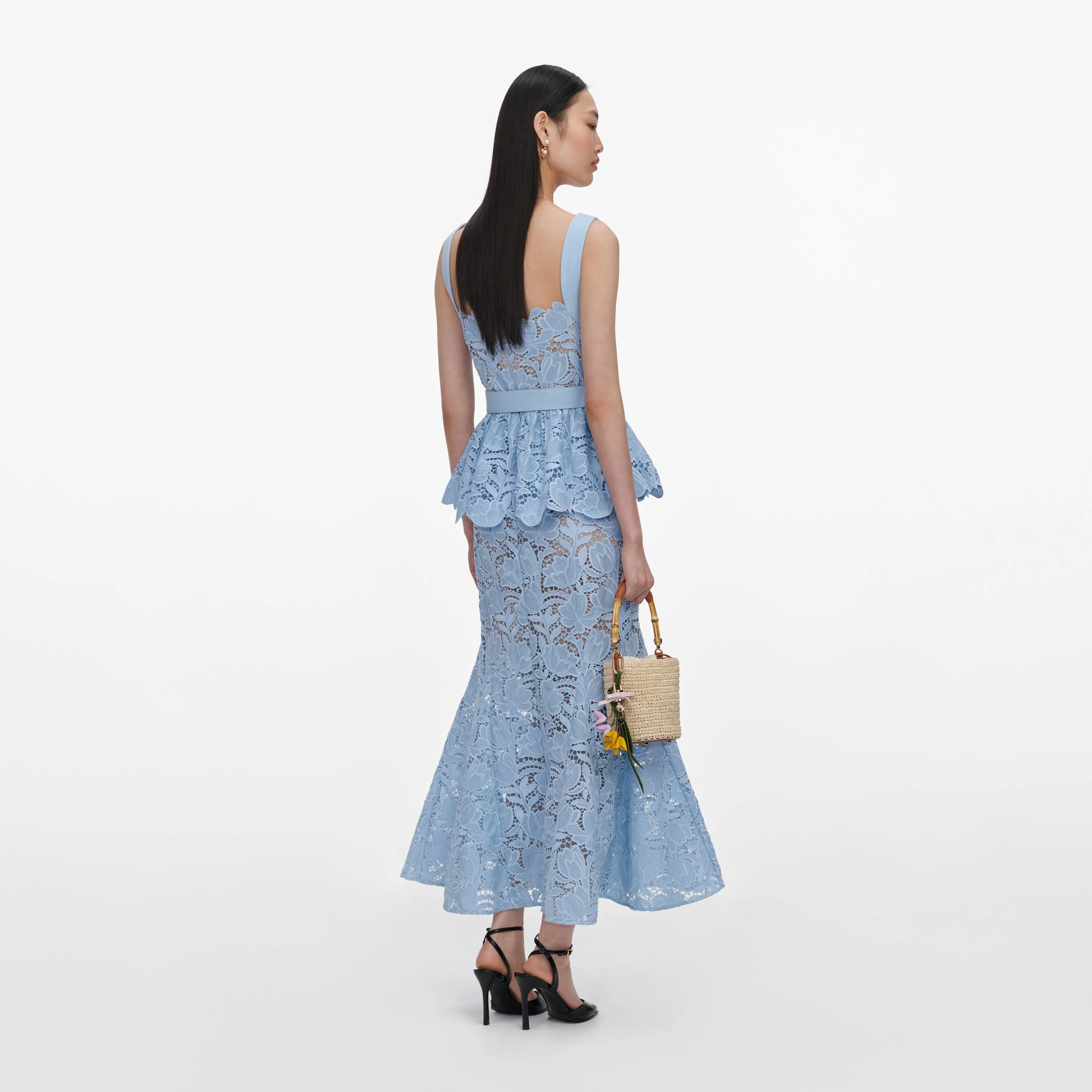 Blue Lace Peplum Midi Dress - Image 3