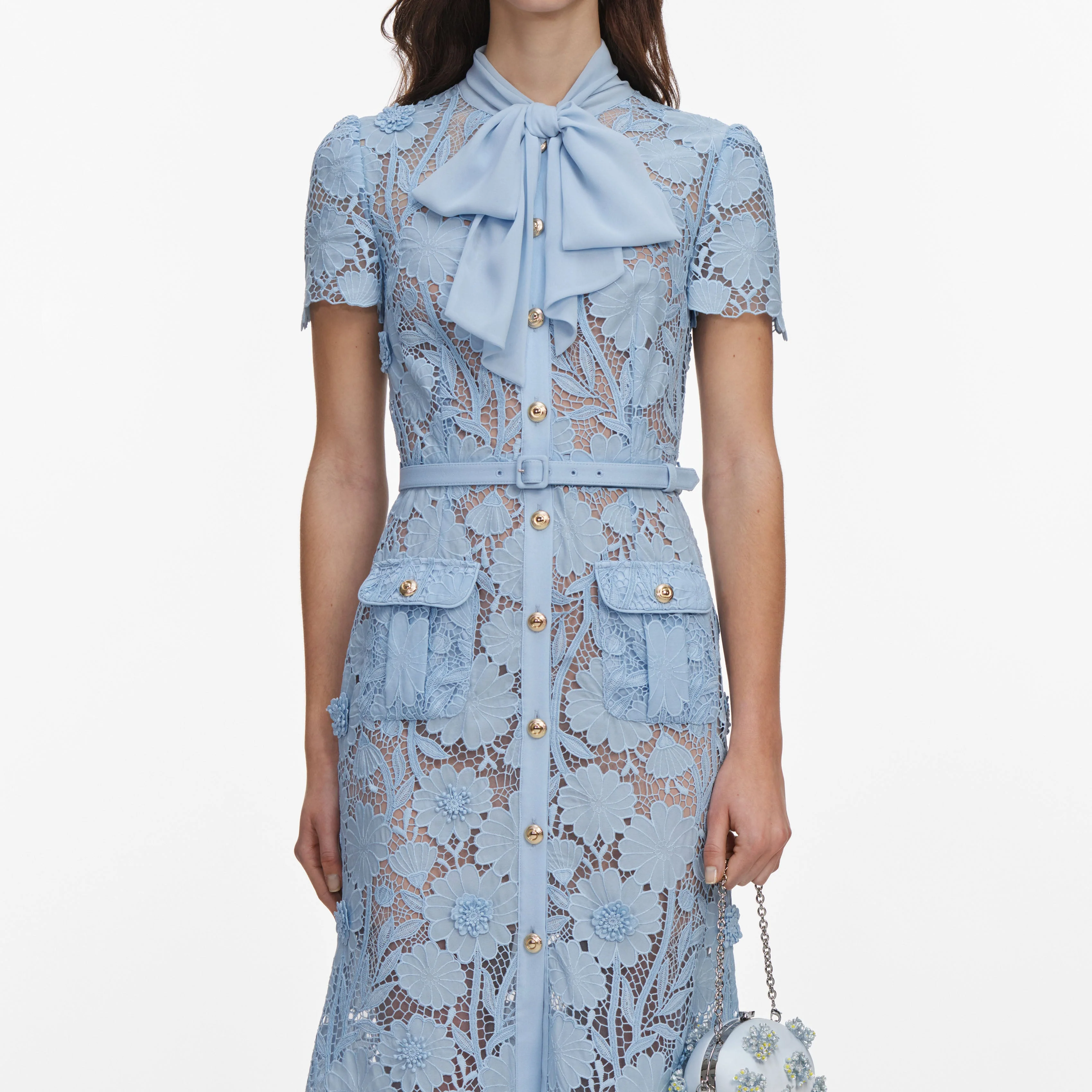 Blue Lace Tie Neck Midi Dress - Image 4