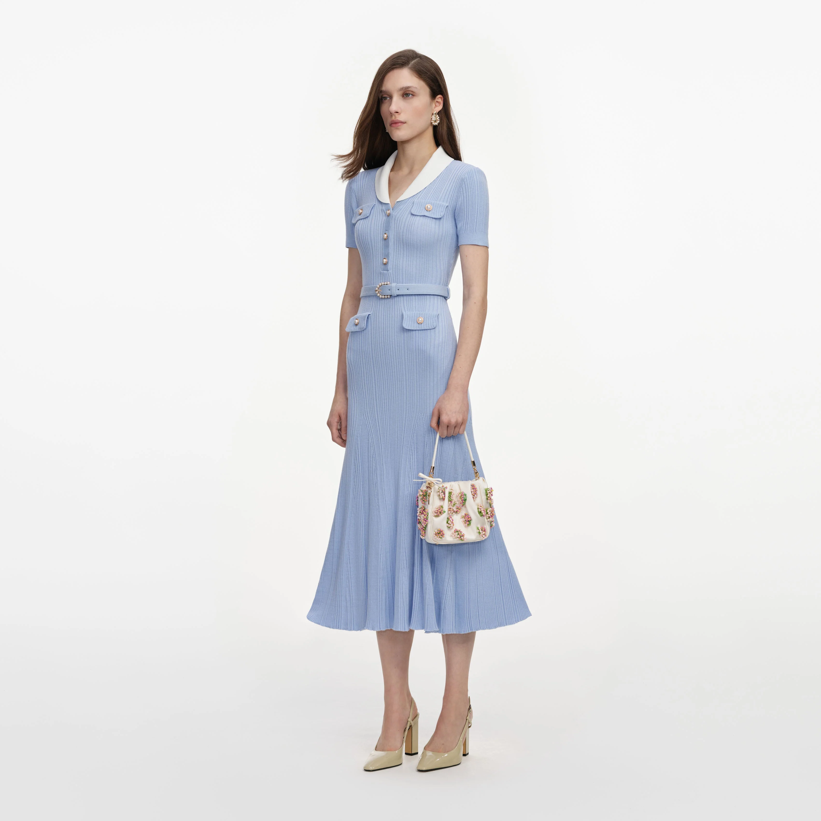 Blue Ribbed Knit Midi Dress - Image 2