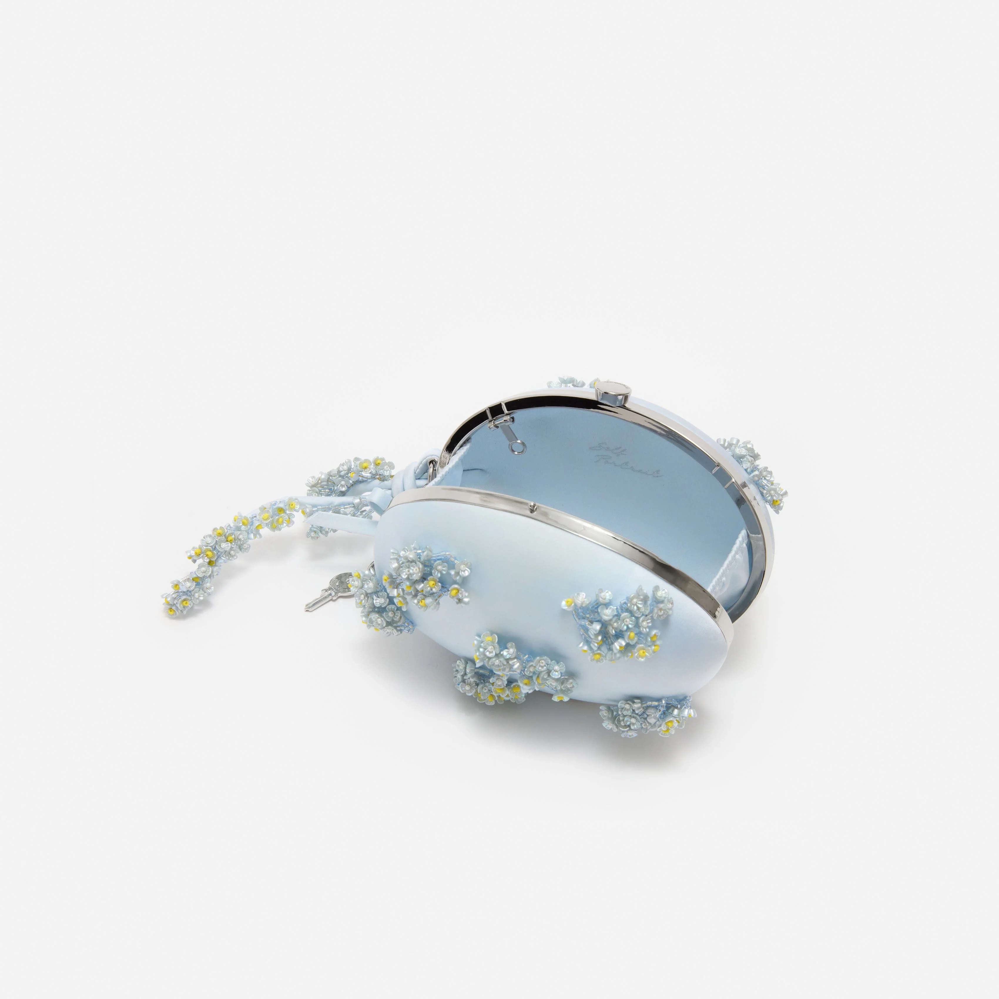 Blue Satin Floral Beaded Oval Clutch - Image 5