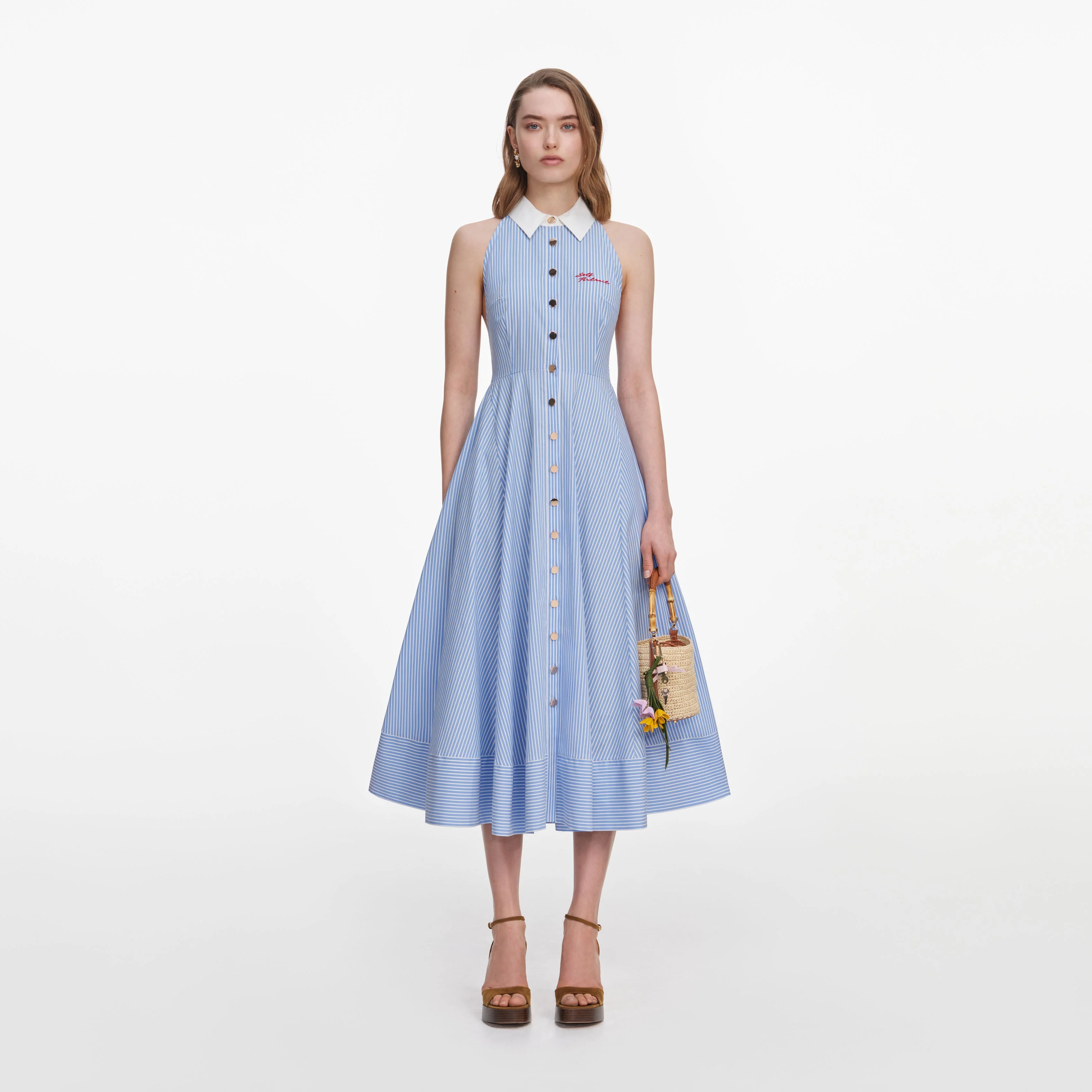 Blue Striped Cotton Midi Dress