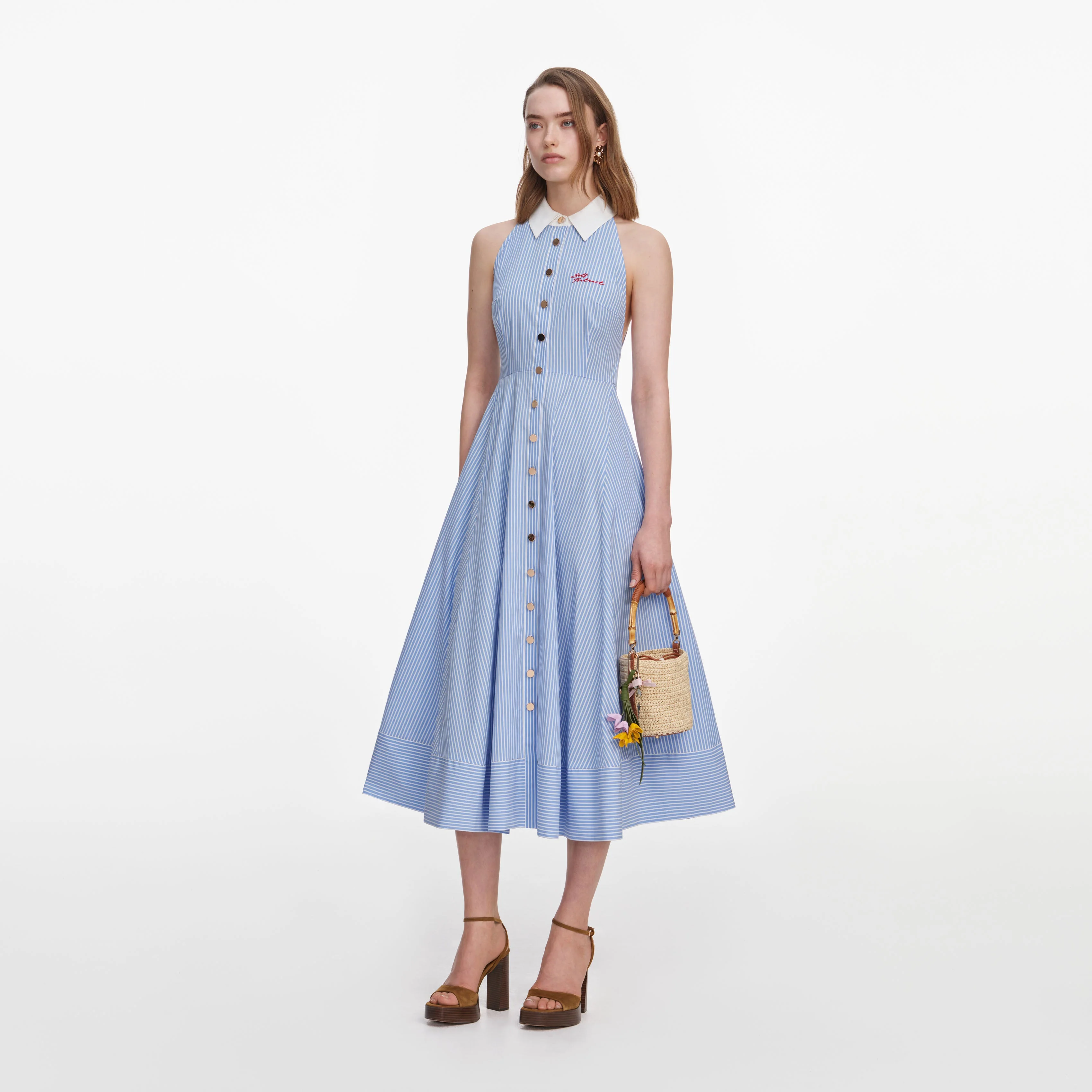 Blue Striped Cotton Midi Dress - Image 2