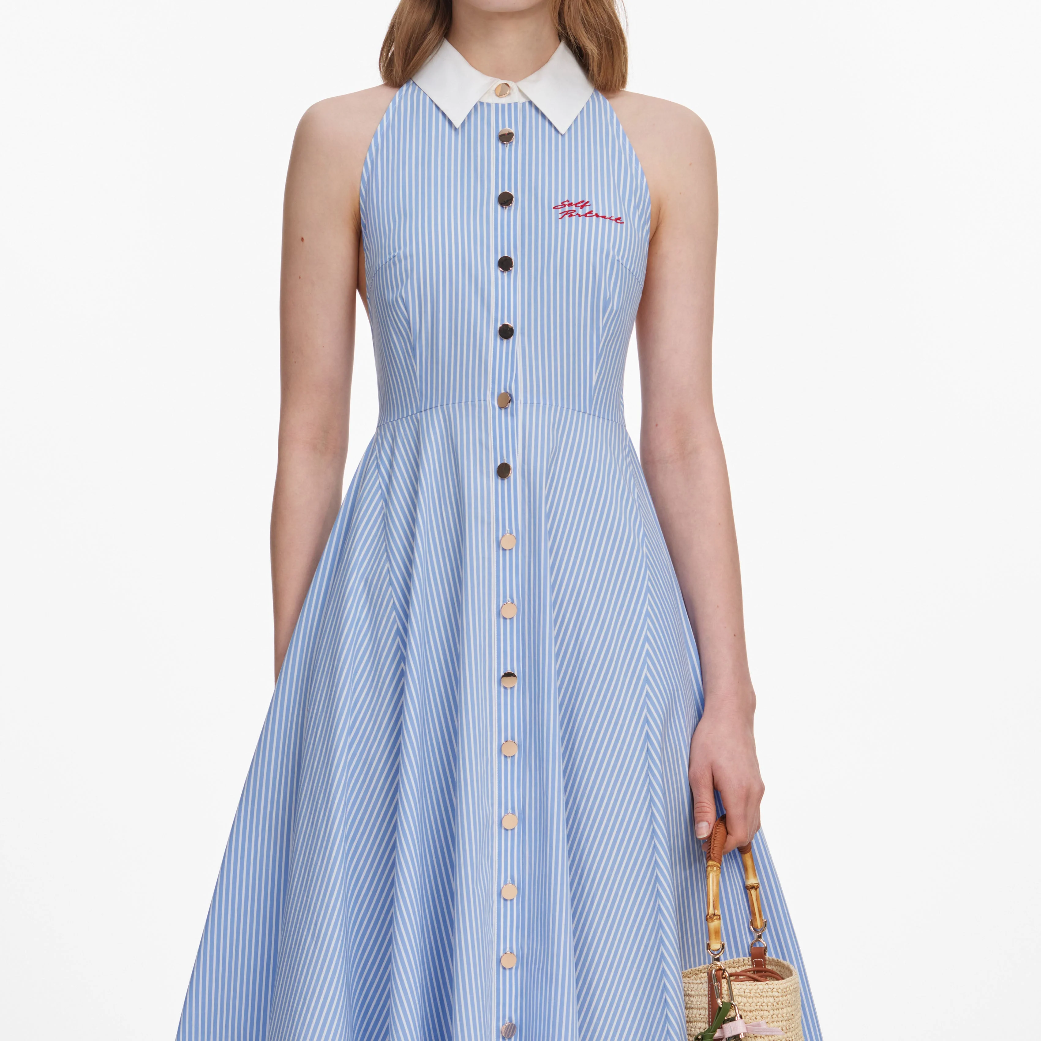 Blue Striped Cotton Midi Dress - Image 4