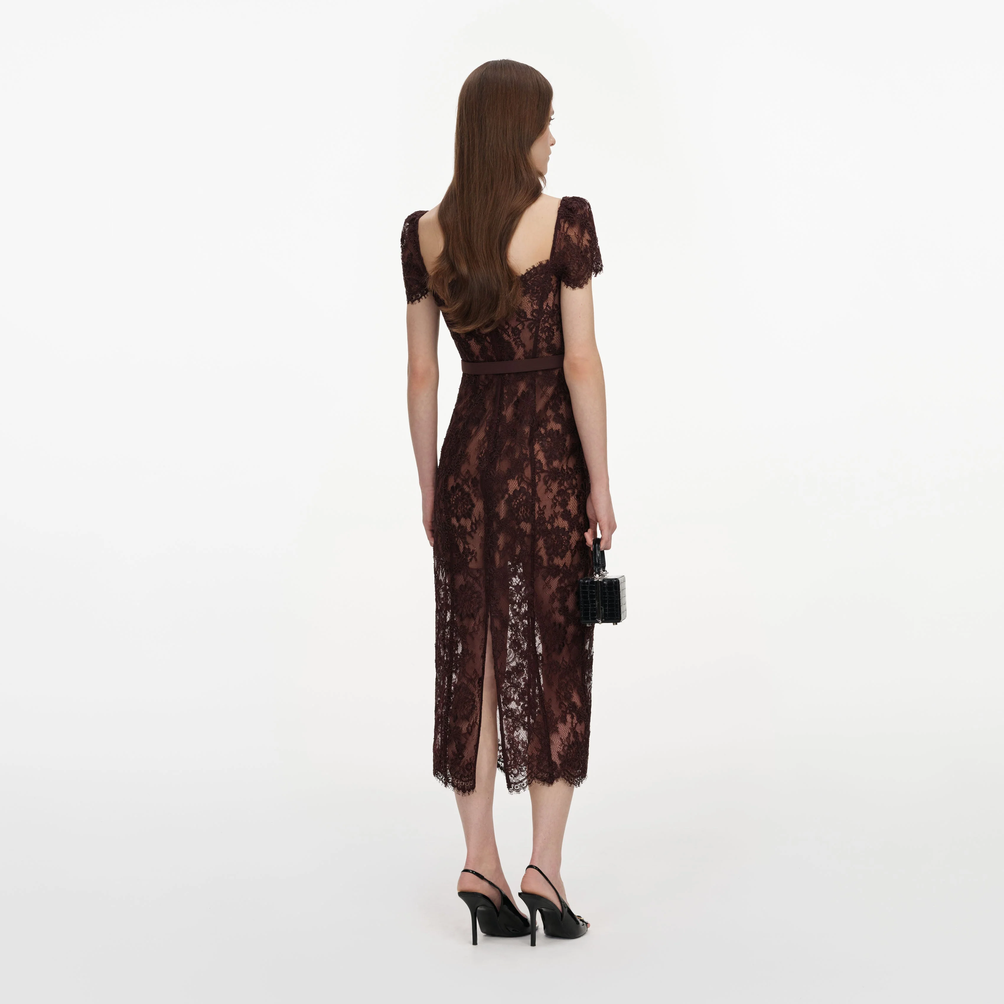 Brown Floral Lace Midi Dress - Image 3