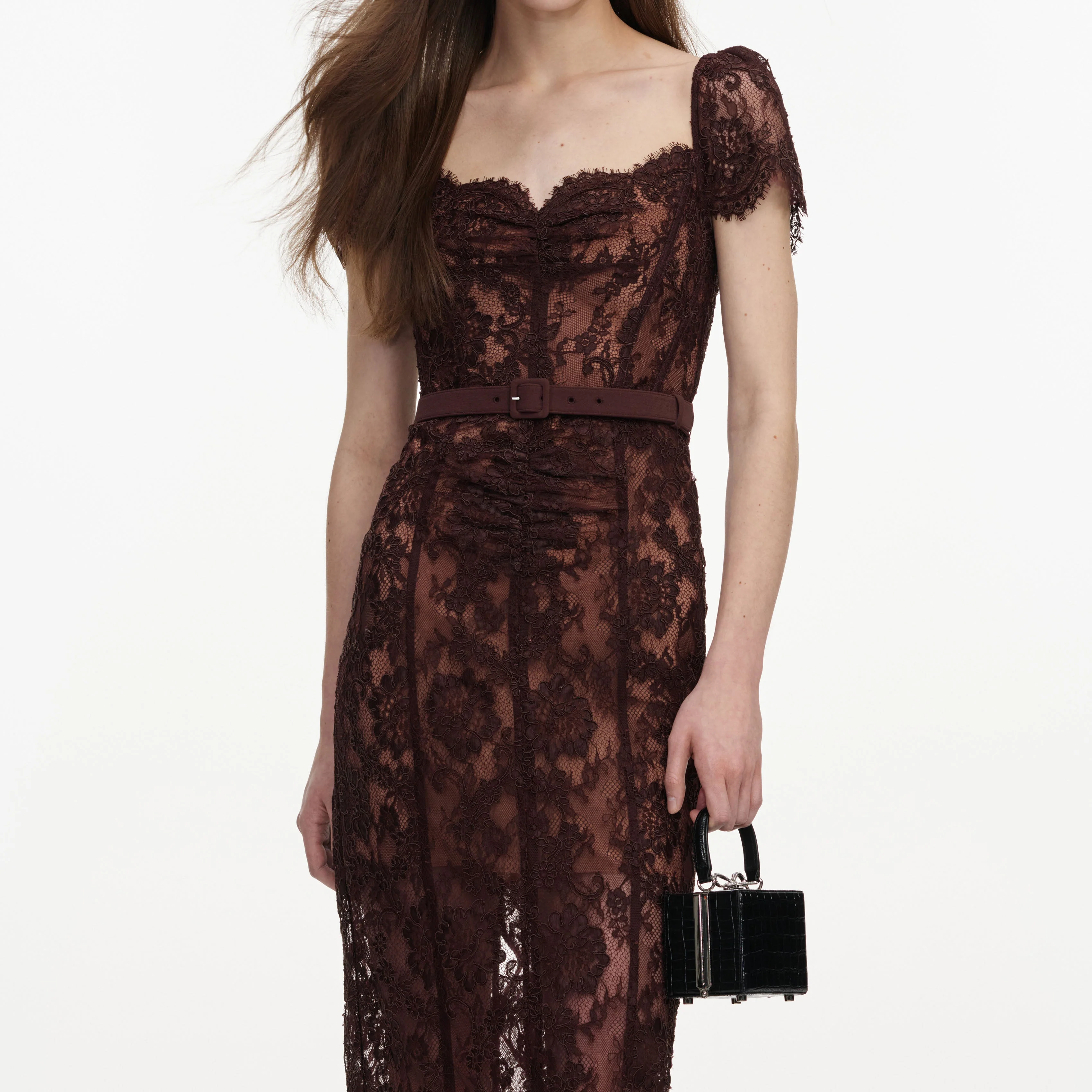 Brown Floral Lace Midi Dress - Image 4