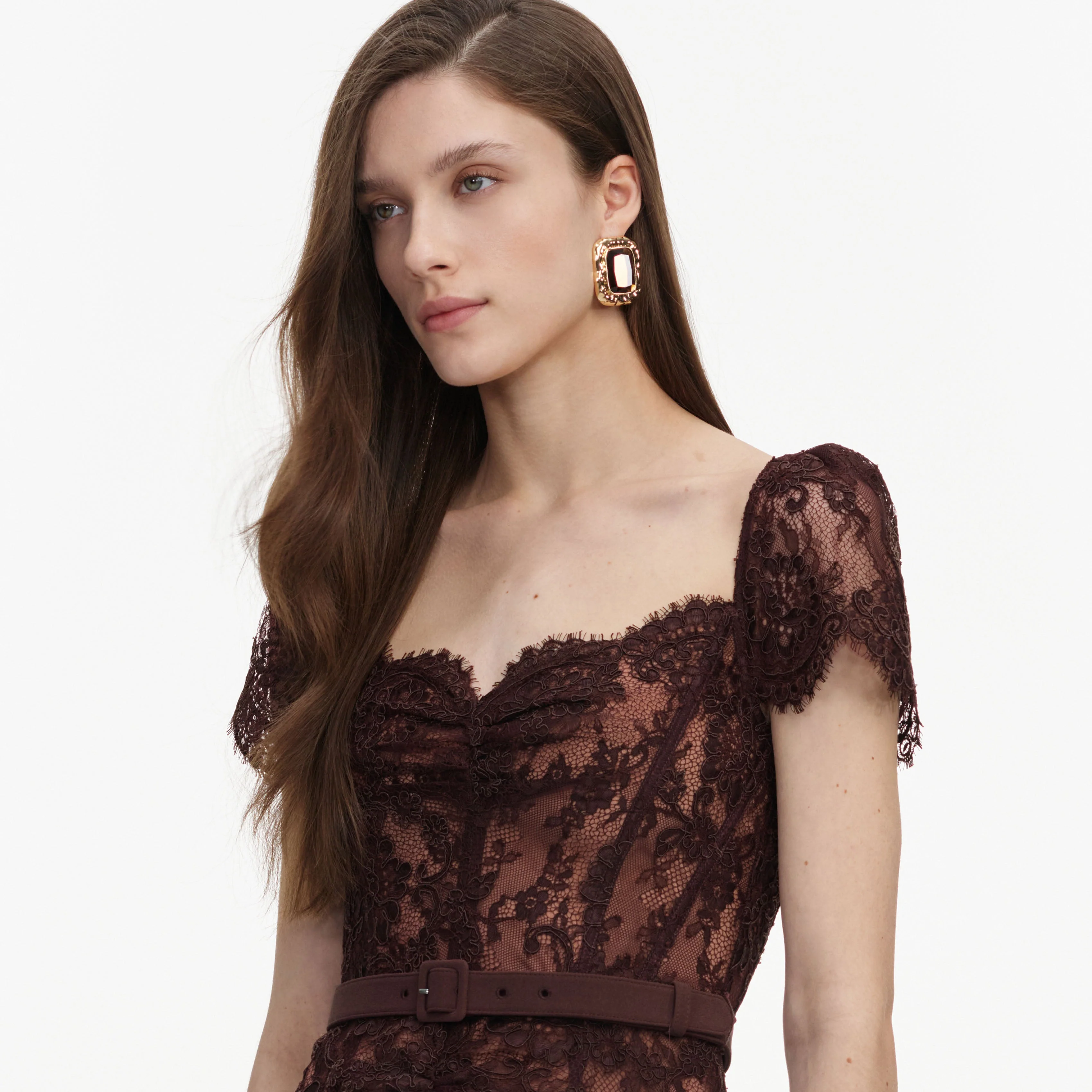 Brown Floral Lace Midi Dress - Image 5