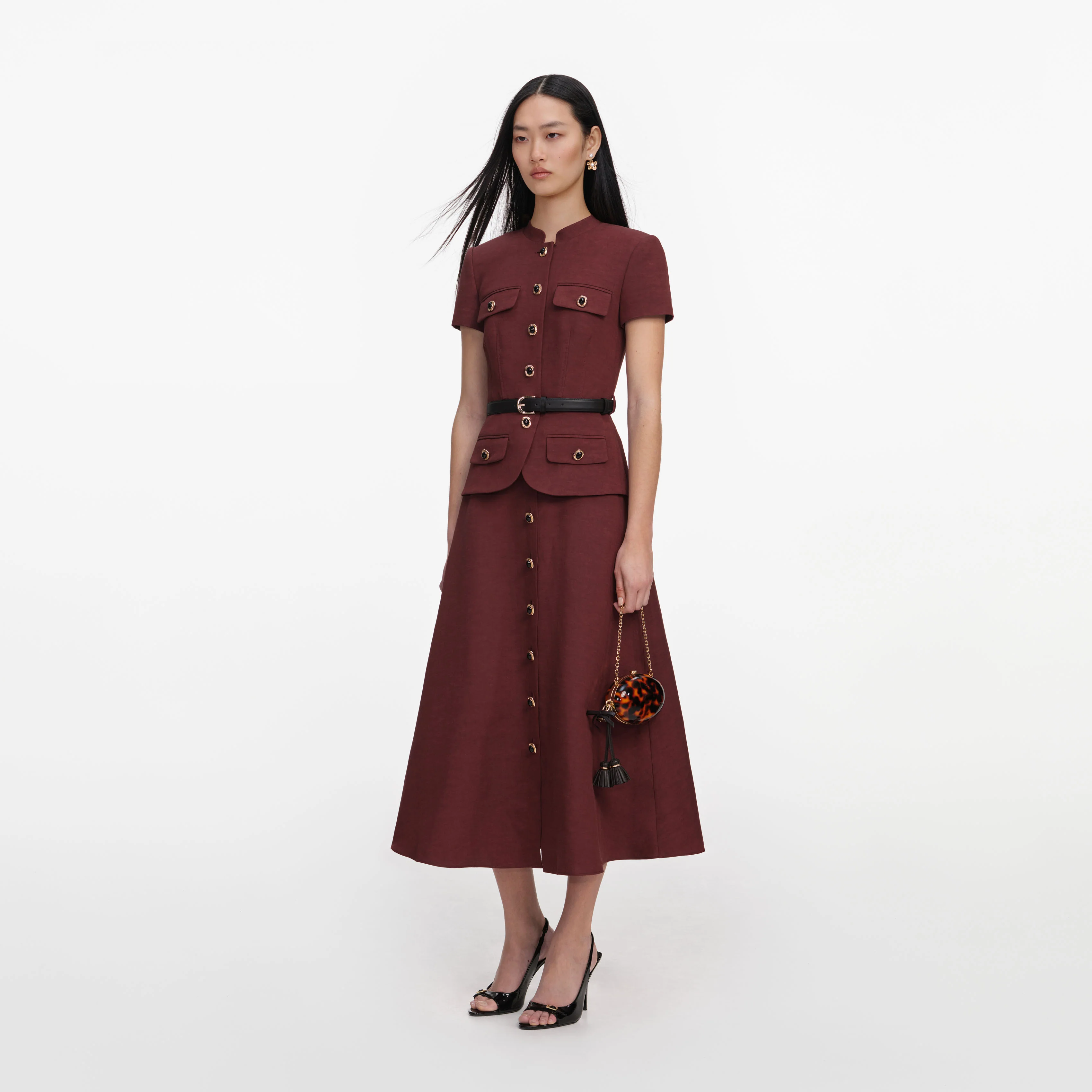 Brown Peplum Linen Blend Midi Dress - Image 2