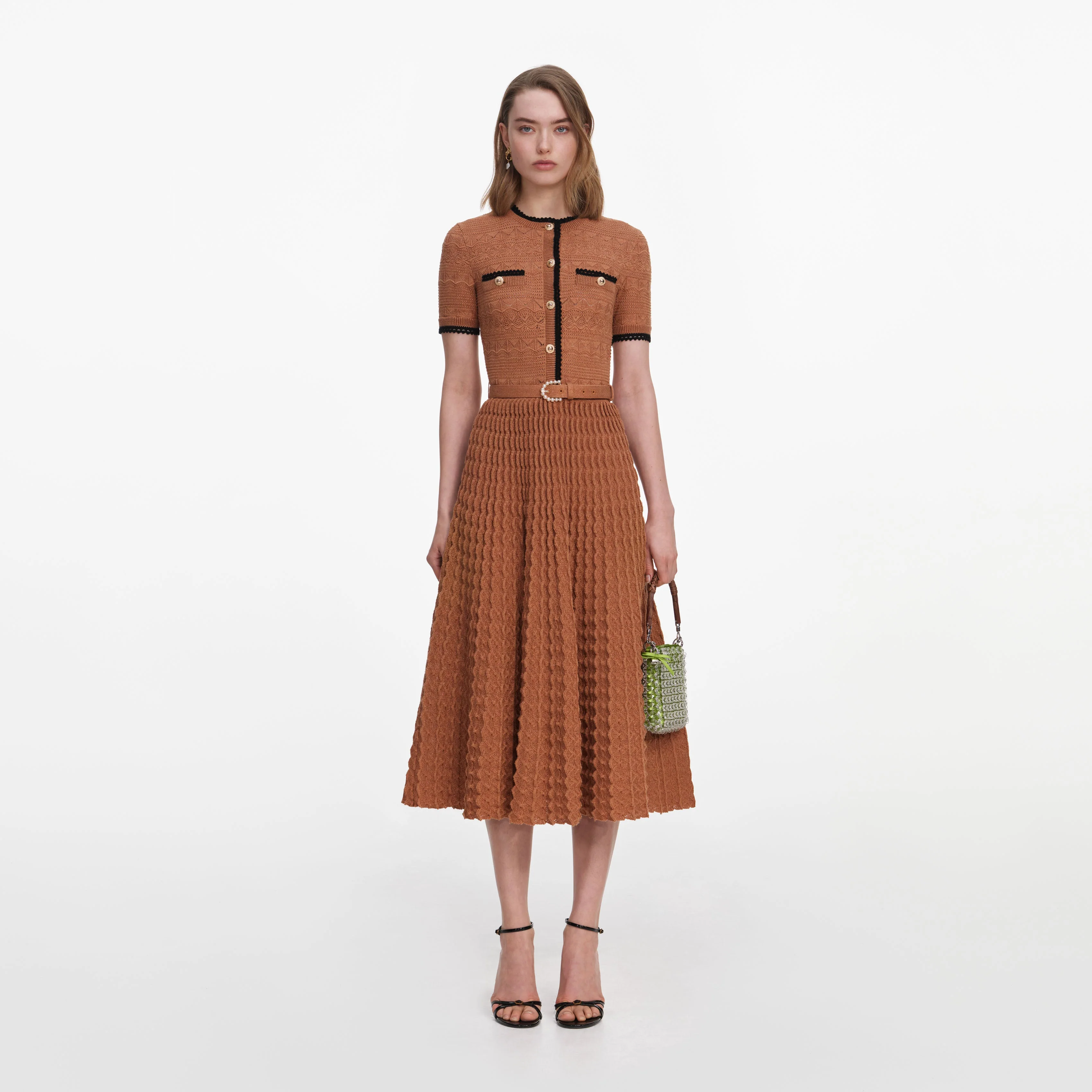 Brown Pointelle Knit Midi Dress