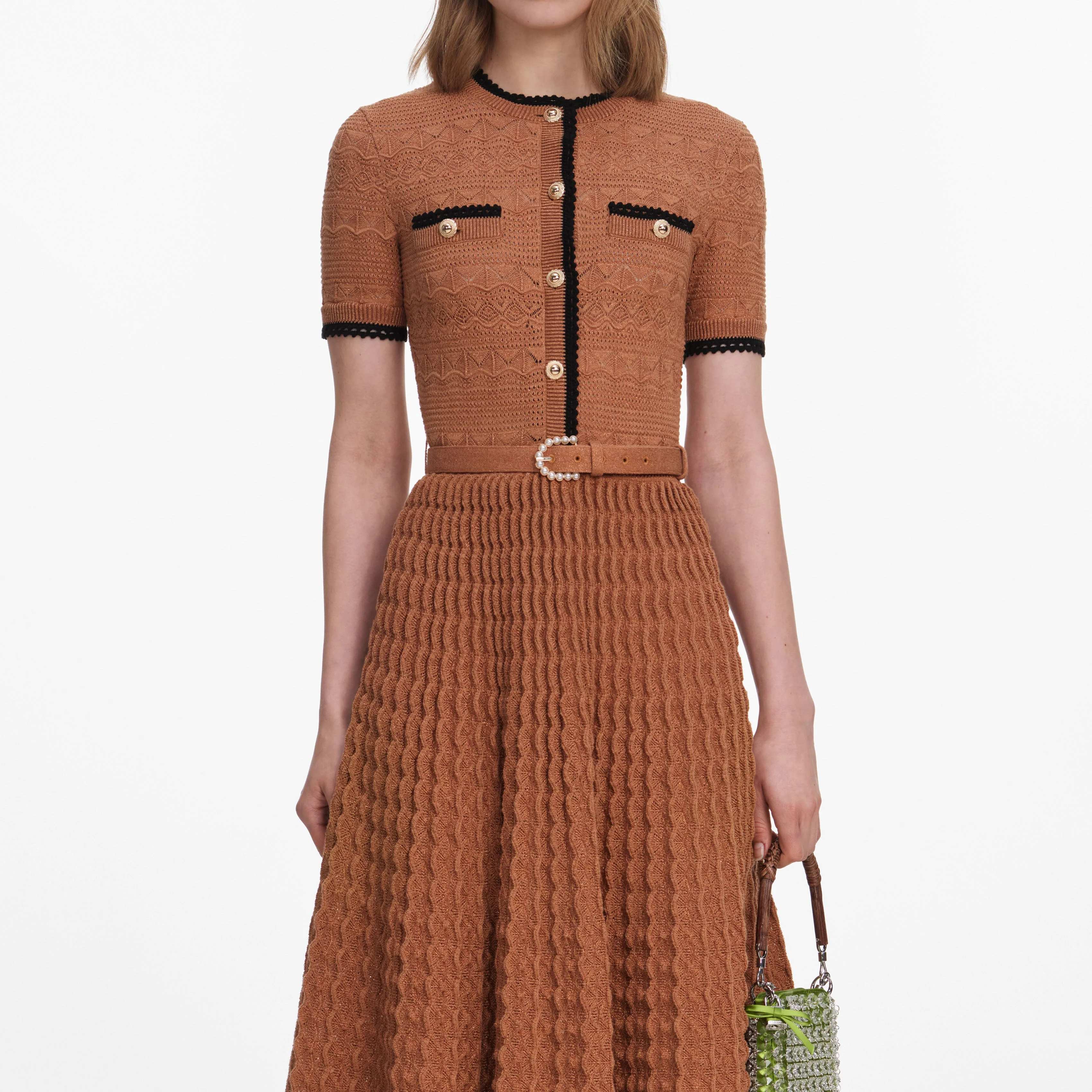 Brown Pointelle Knit Midi Dress - Image 4