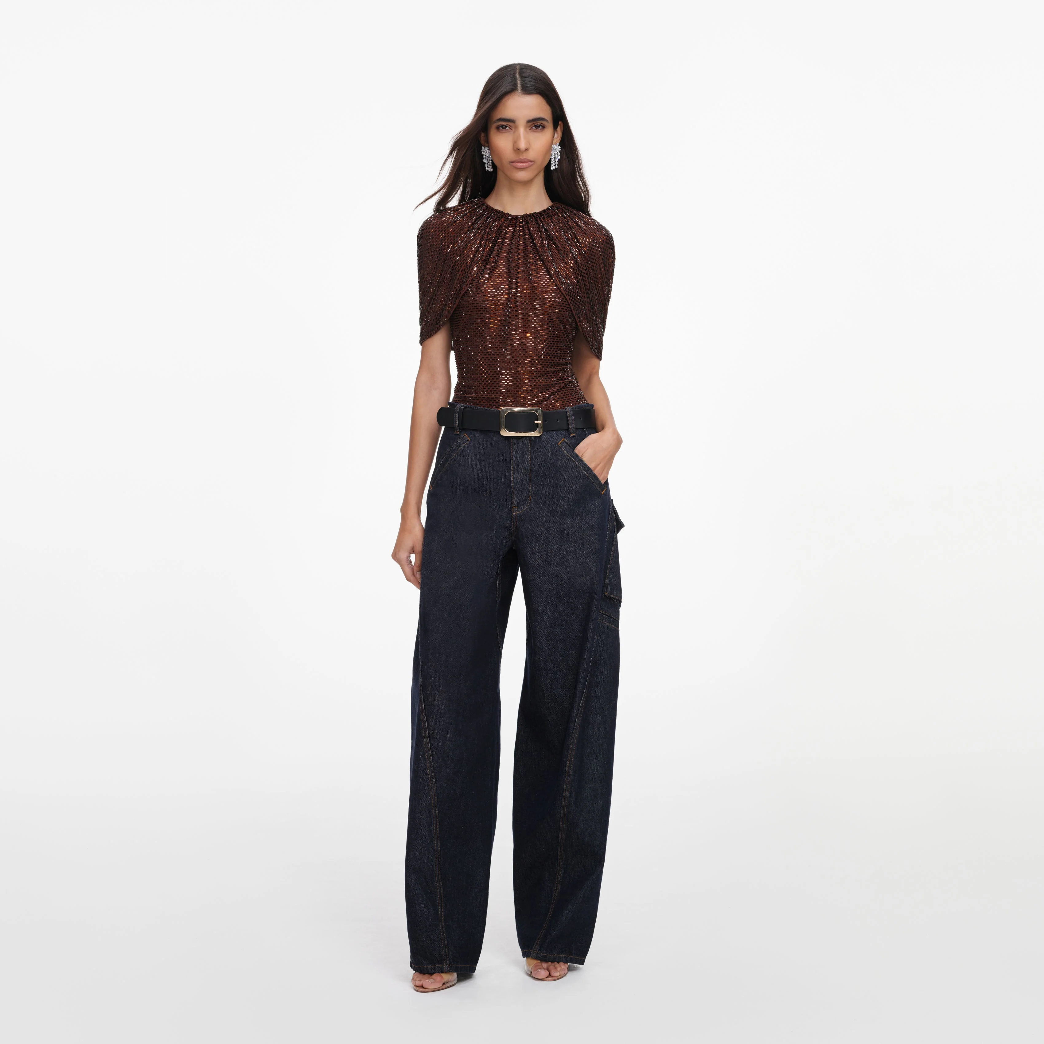 Brown Rhinestone Cape Sleeve Top