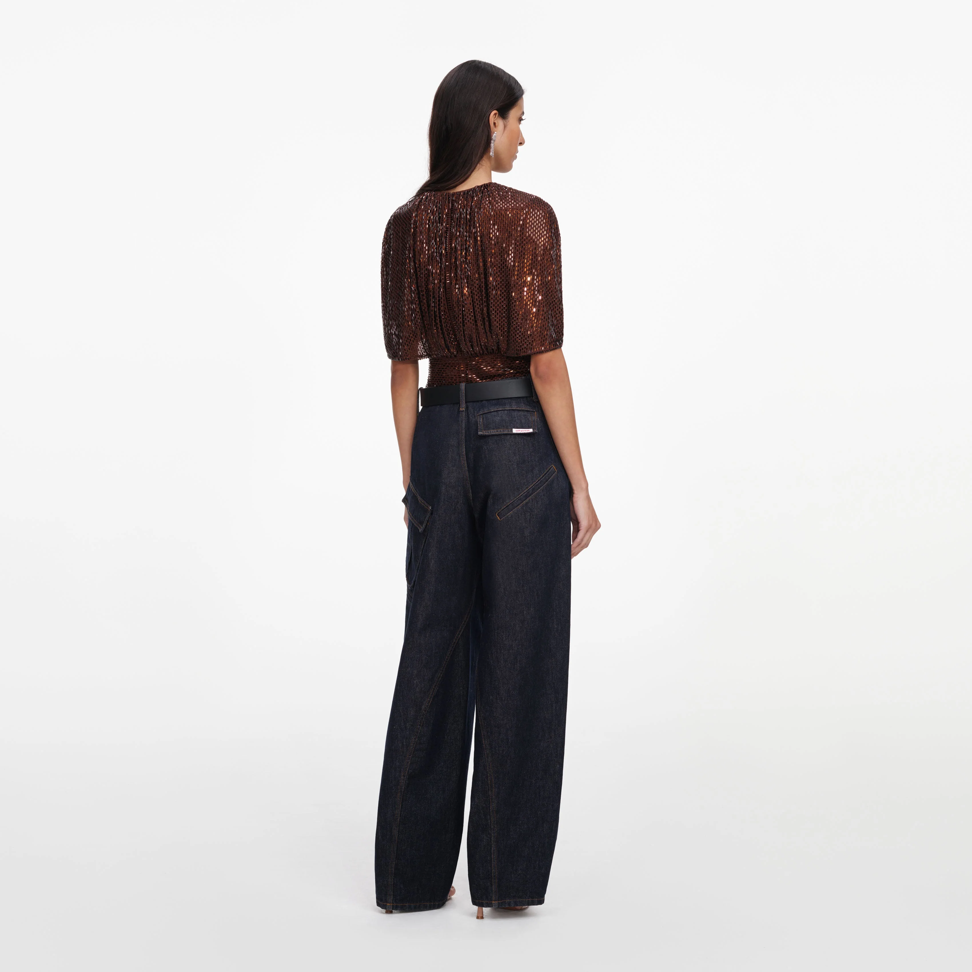 Brown Rhinestone Cape Sleeve Top - Image 3