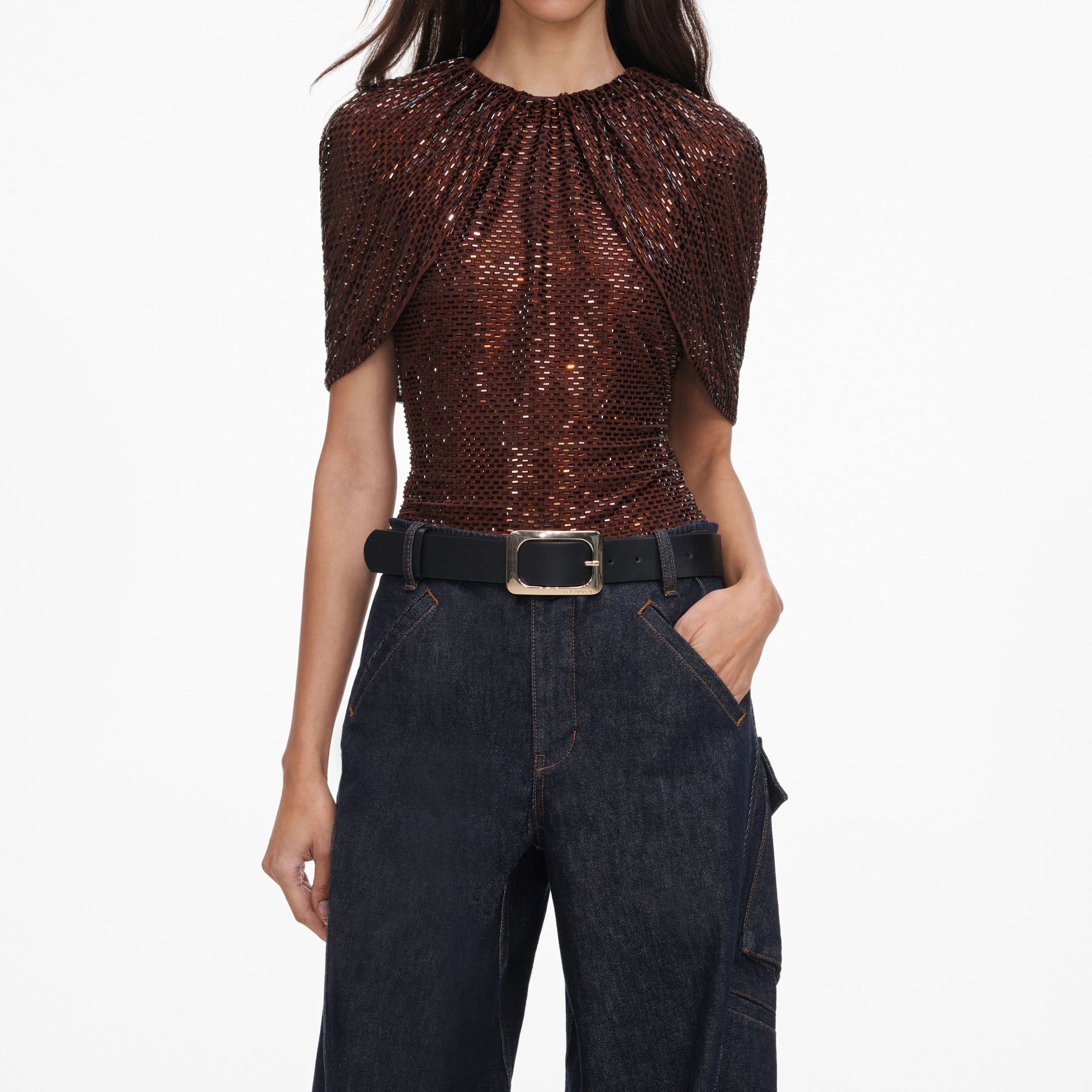 Brown Rhinestone Cape Sleeve Top - Image 4