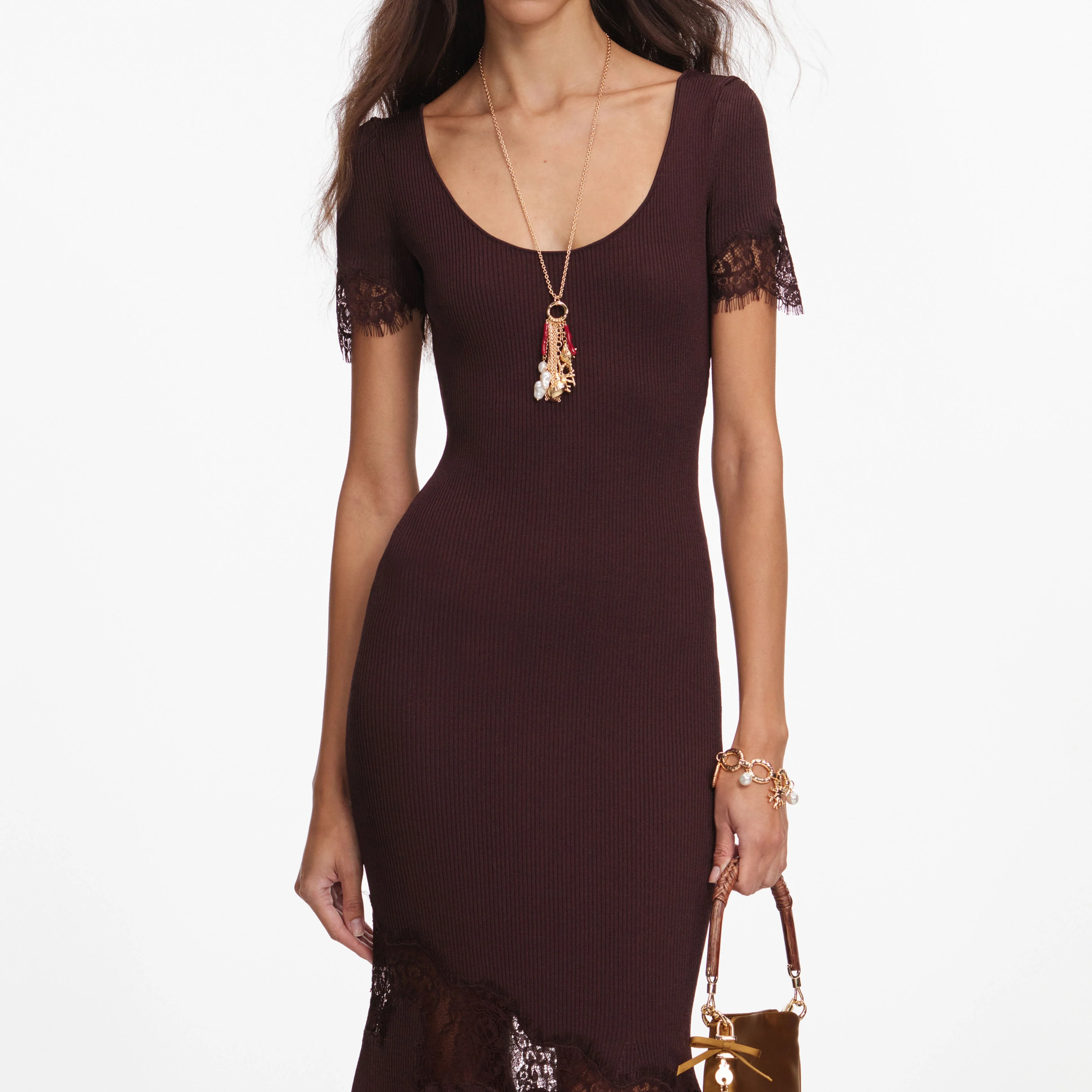 Brown Ribbed Knit Midi Dress - Image 4