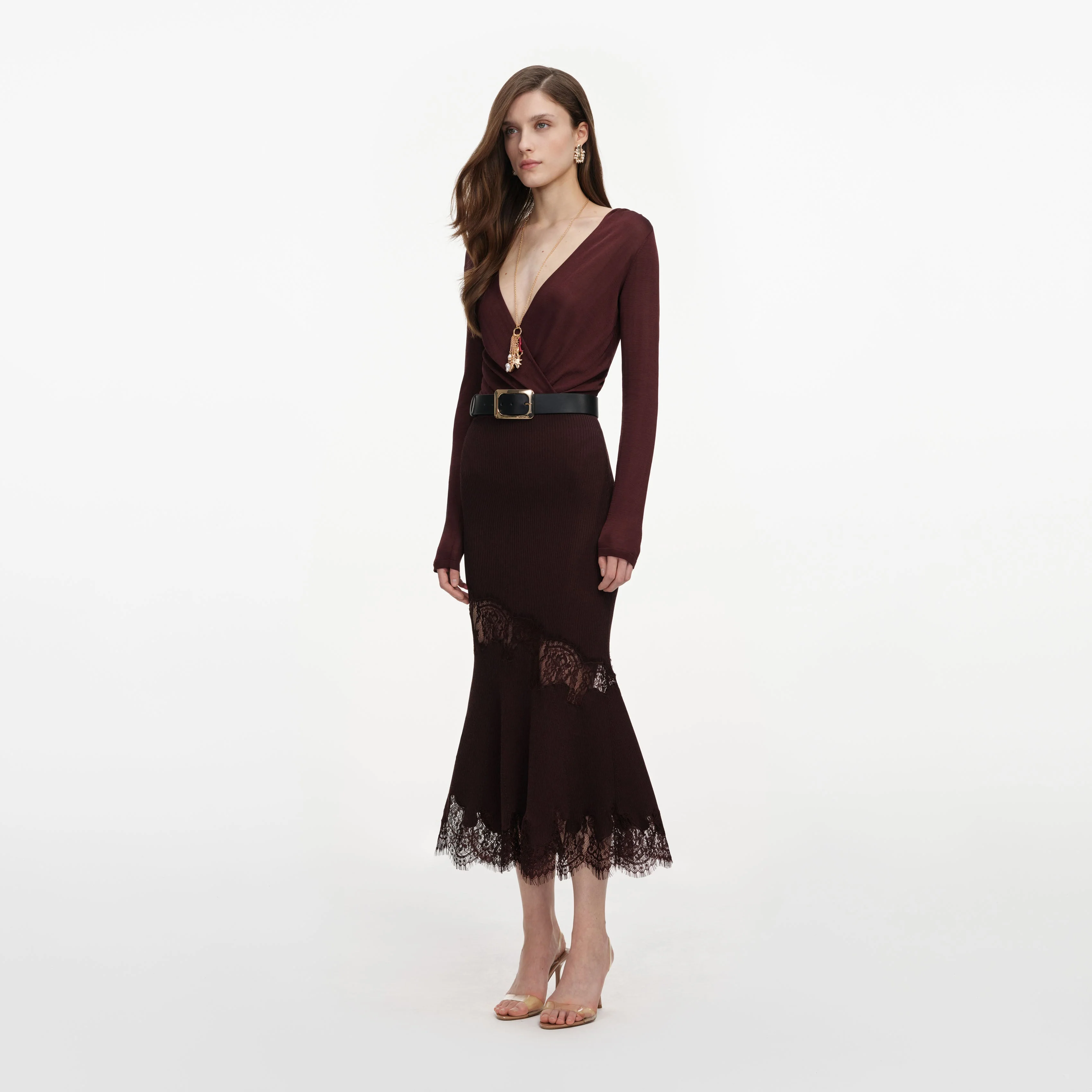 Brown Ribbed Knit Midi Skirt - Image 2
