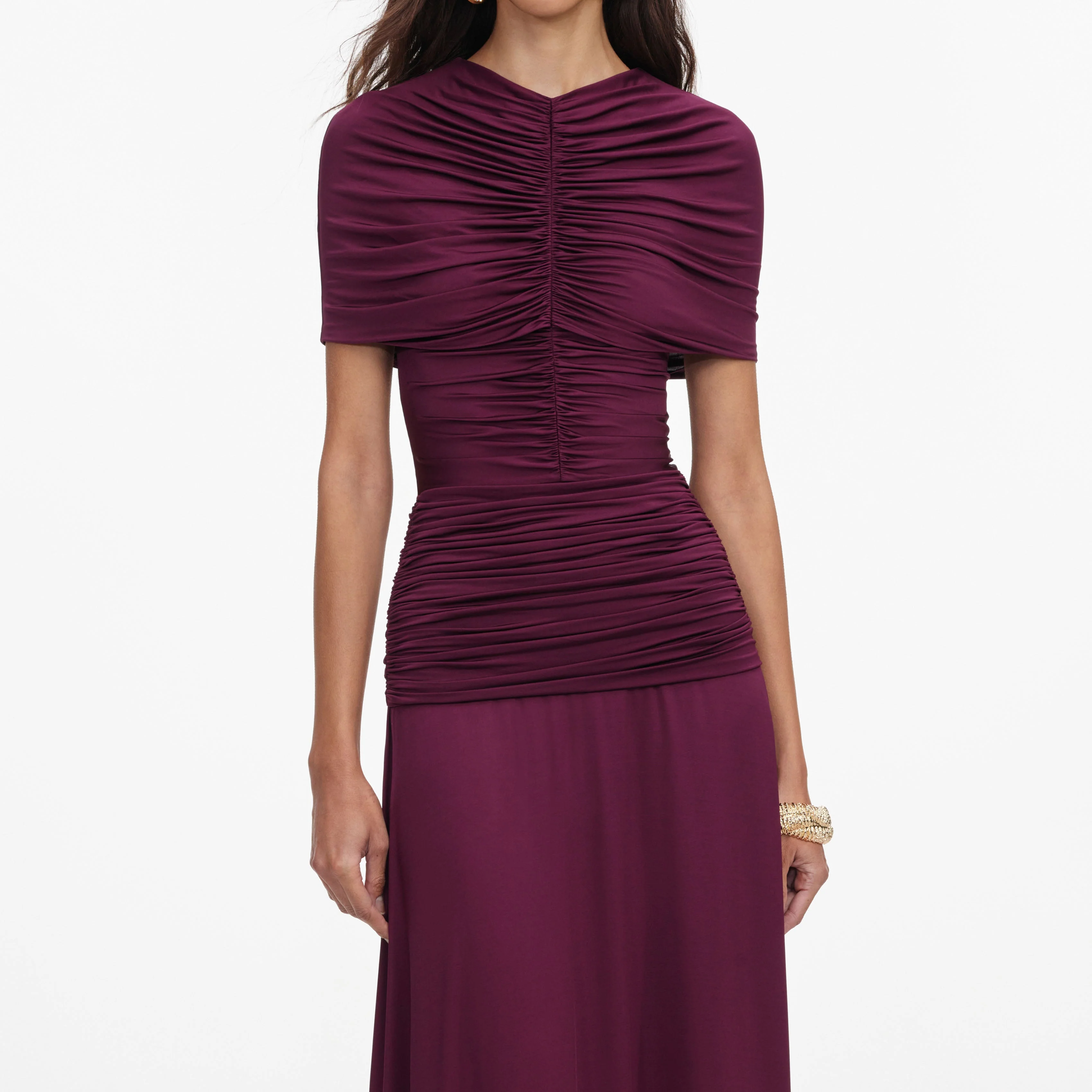 Burgundy Jersey Gathered Midi Dress - Image 4