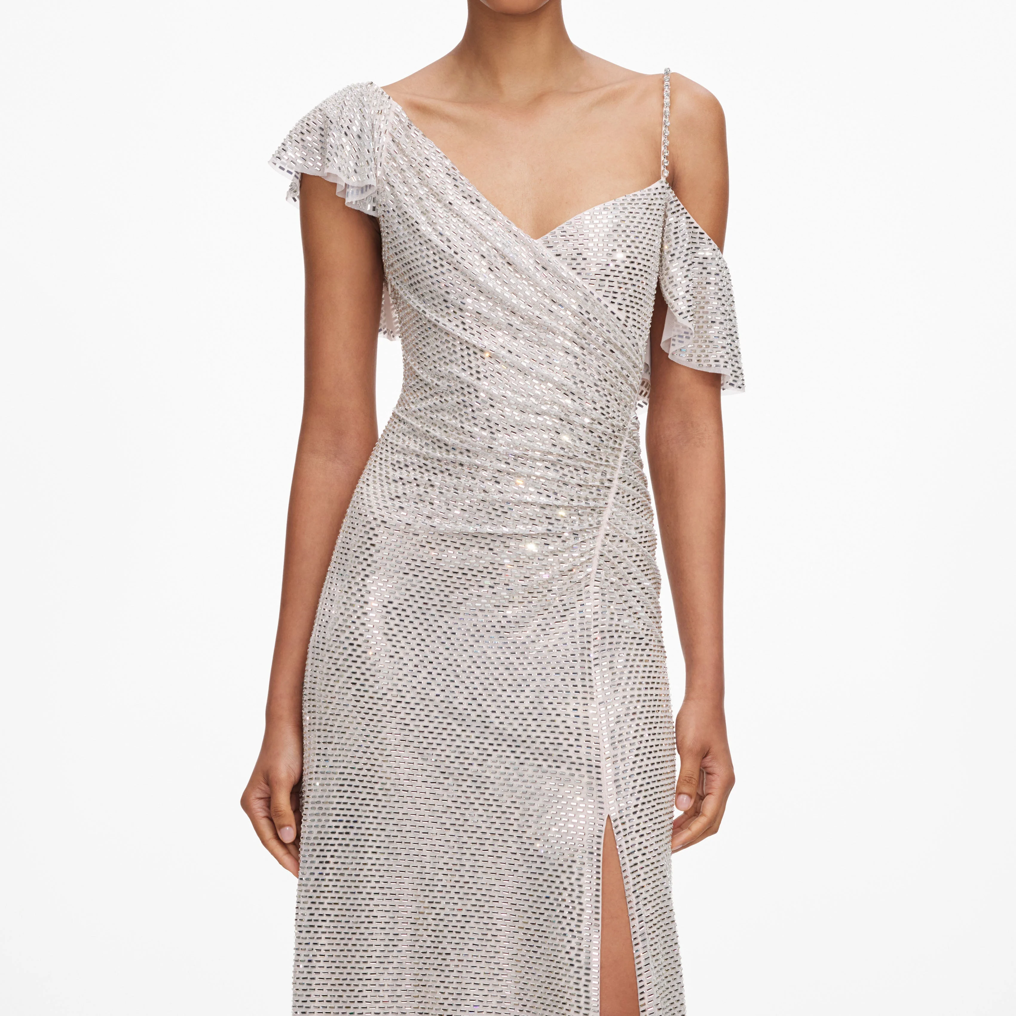 Champagne Rhinestone Ruffle Draped Maxi Dress - Image 4