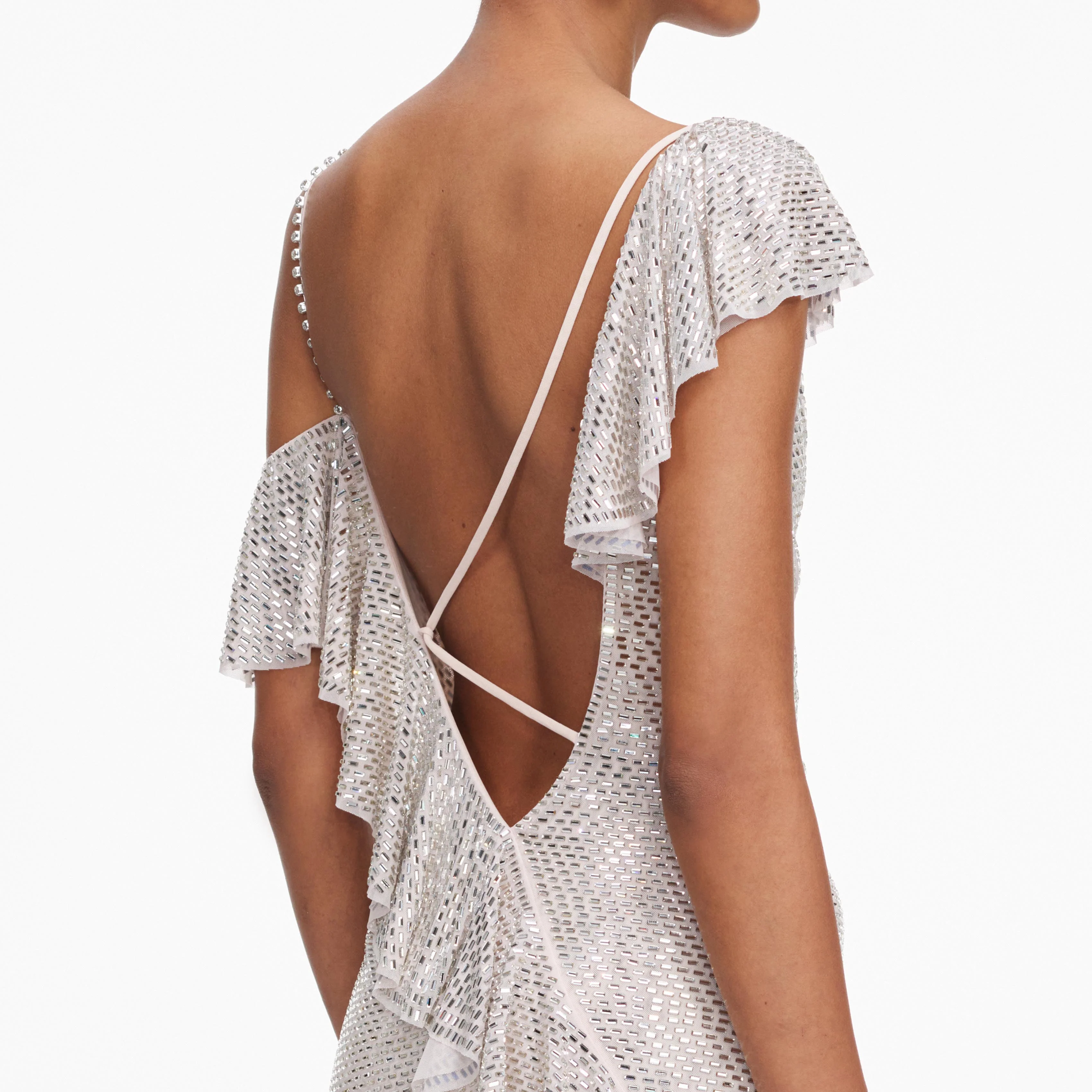 Champagne Rhinestone Ruffle Draped Maxi Dress - Image 5