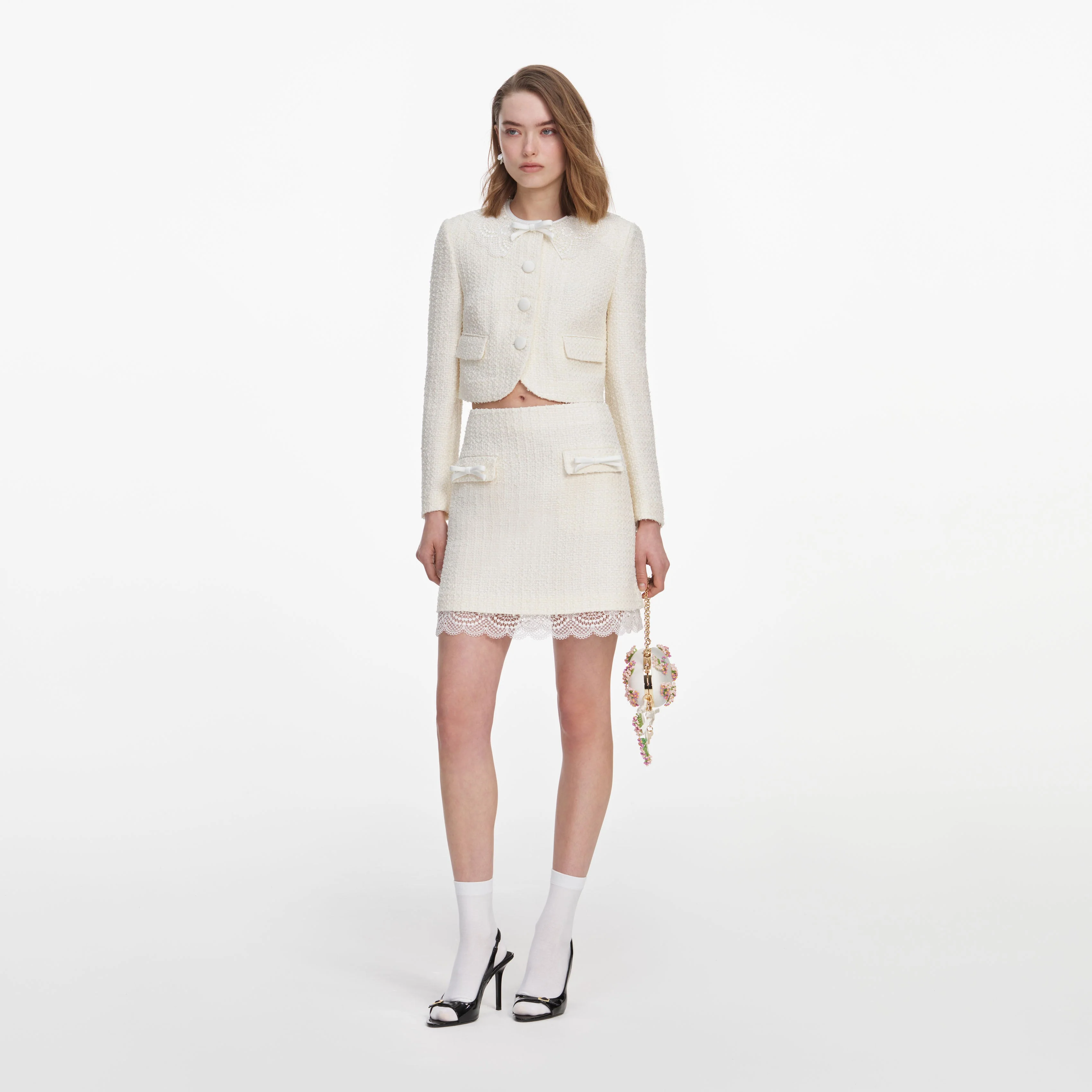 Cream Boucle Lace Mini Skirt - Image 2