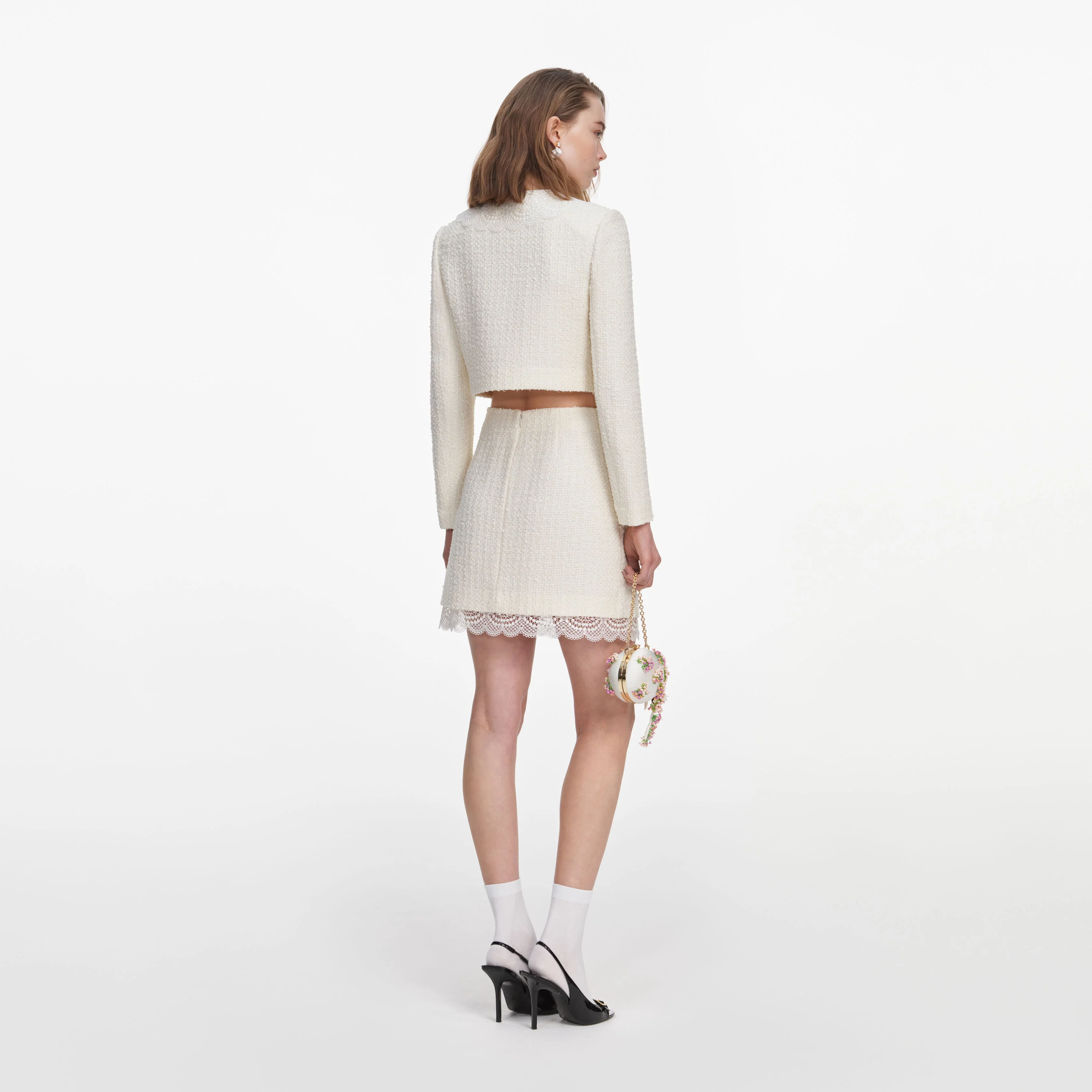Cream Boucle Lace Mini Skirt - Image 3
