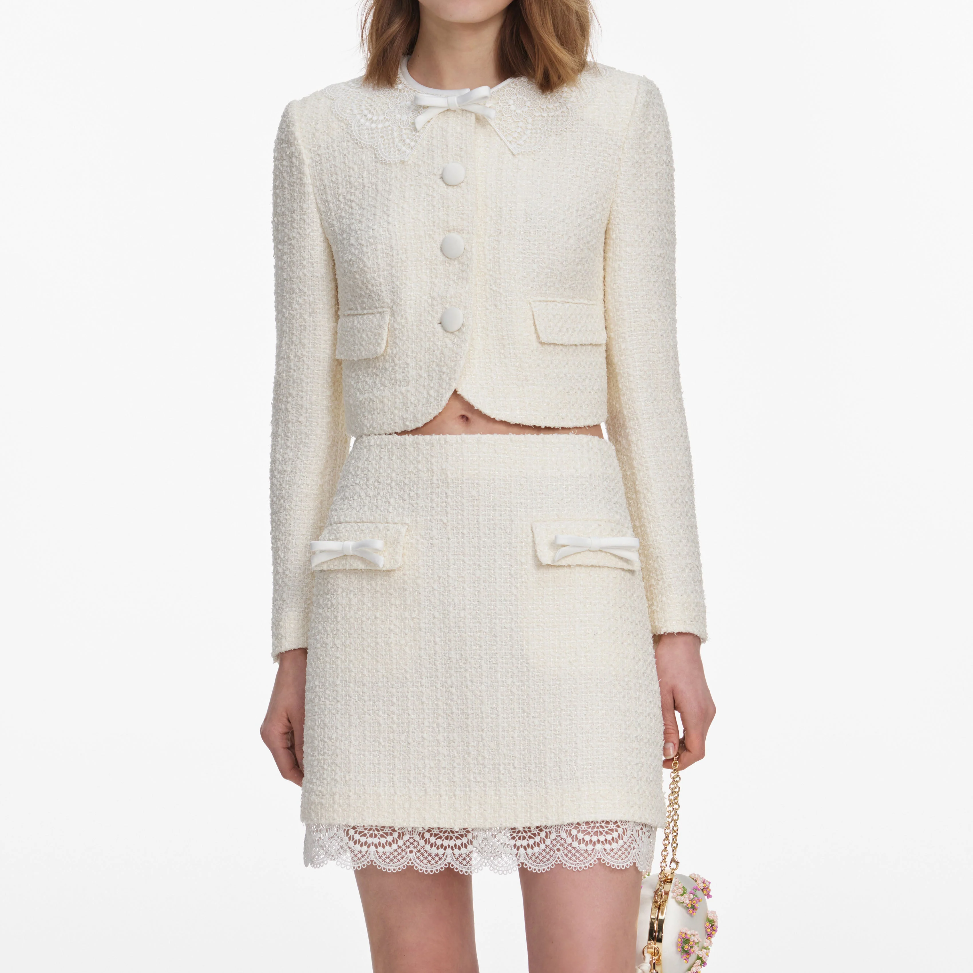 Cream Boucle Lace Mini Skirt - Image 4