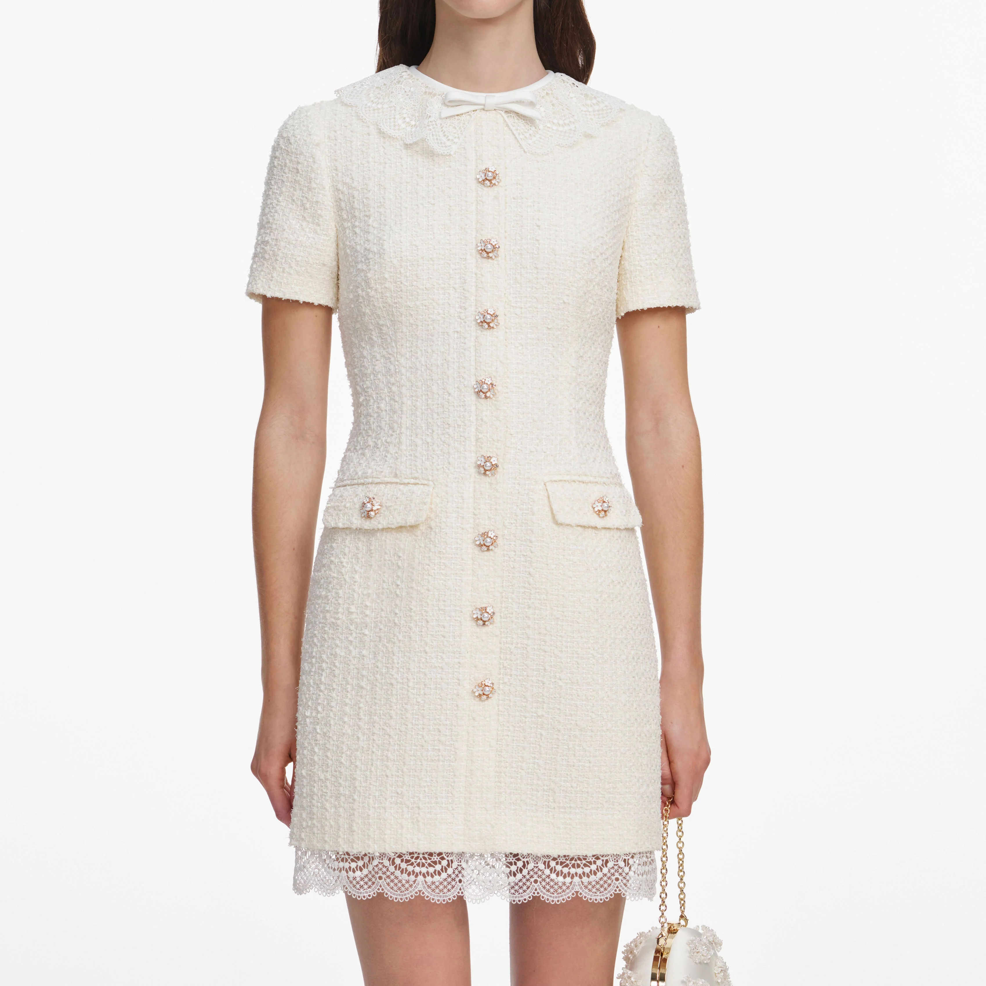 Cream Boucle Lace Trim Tailored Mini Dress - Image 4