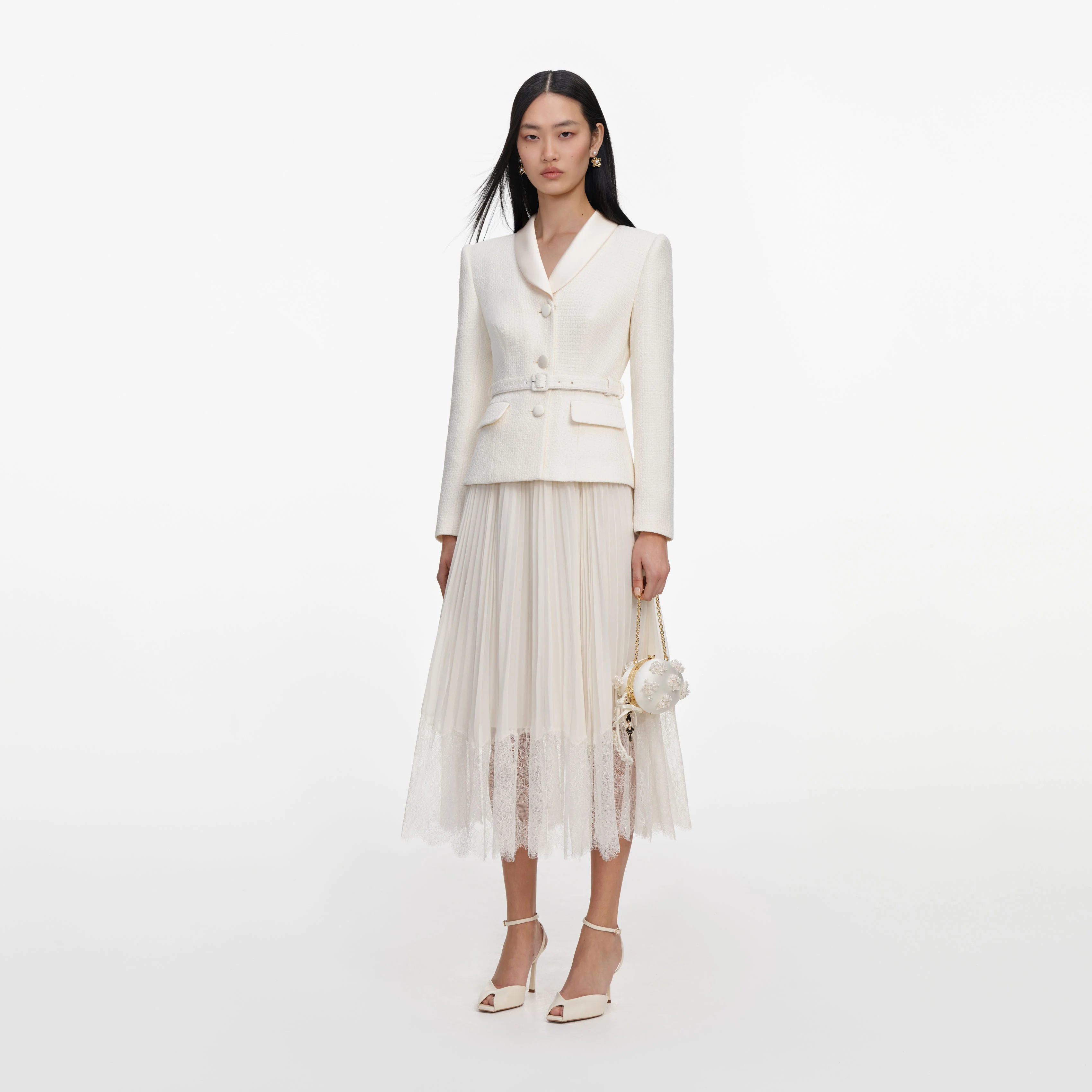Cream Boucle Shawl Collared Midi Dress - Image 2