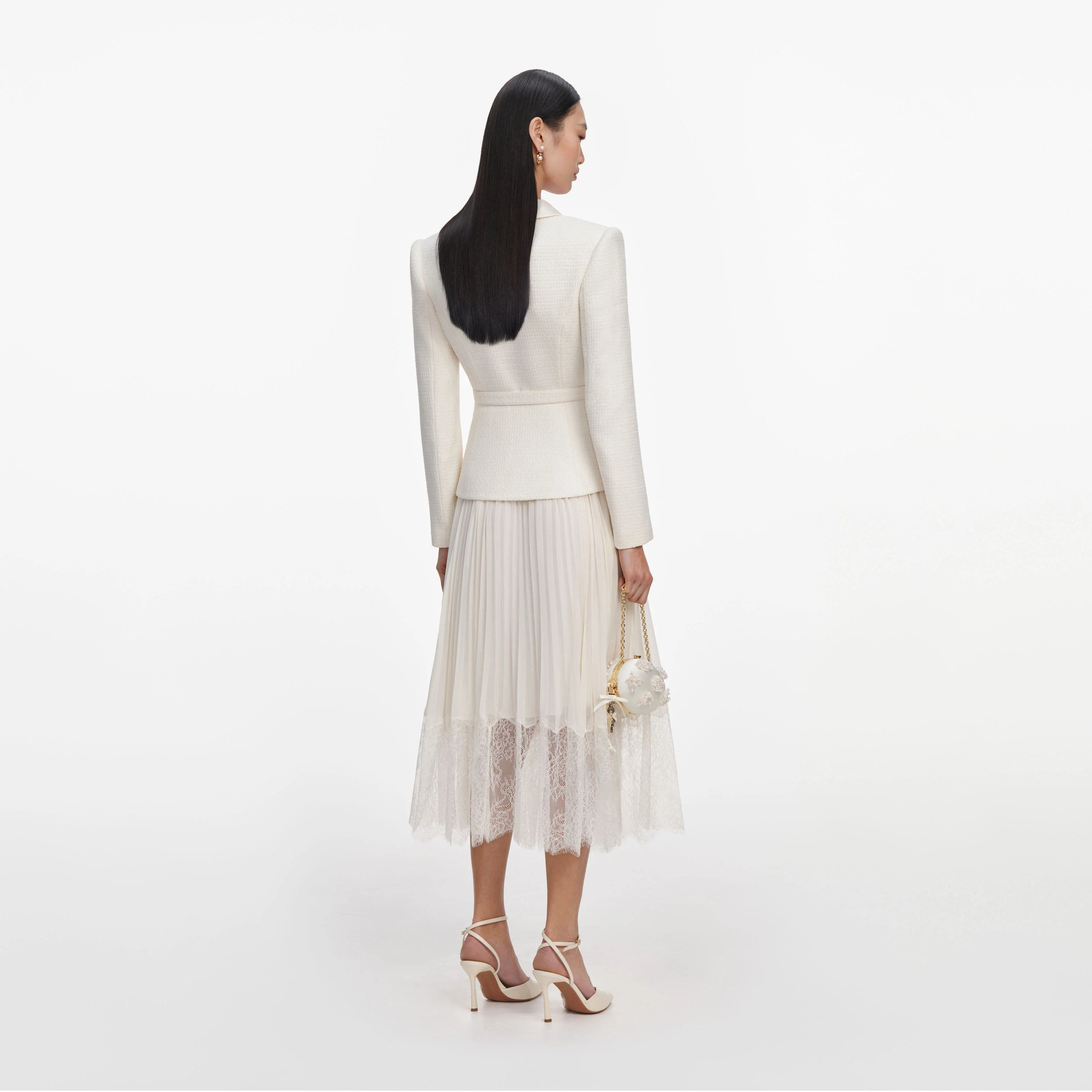 Cream Boucle Shawl Collared Midi Dress - Image 3