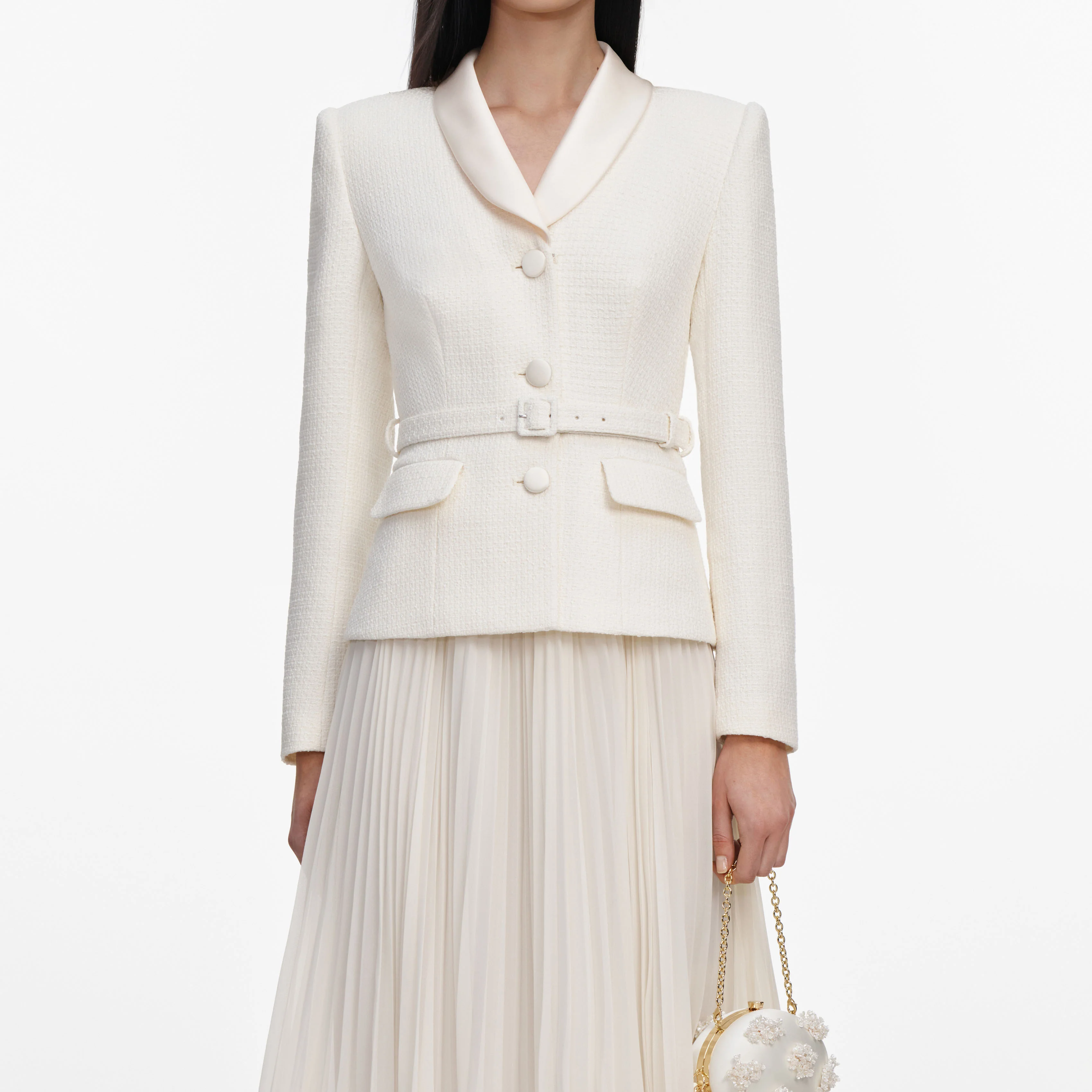 Cream Boucle Shawl Collared Midi Dress - Image 4
