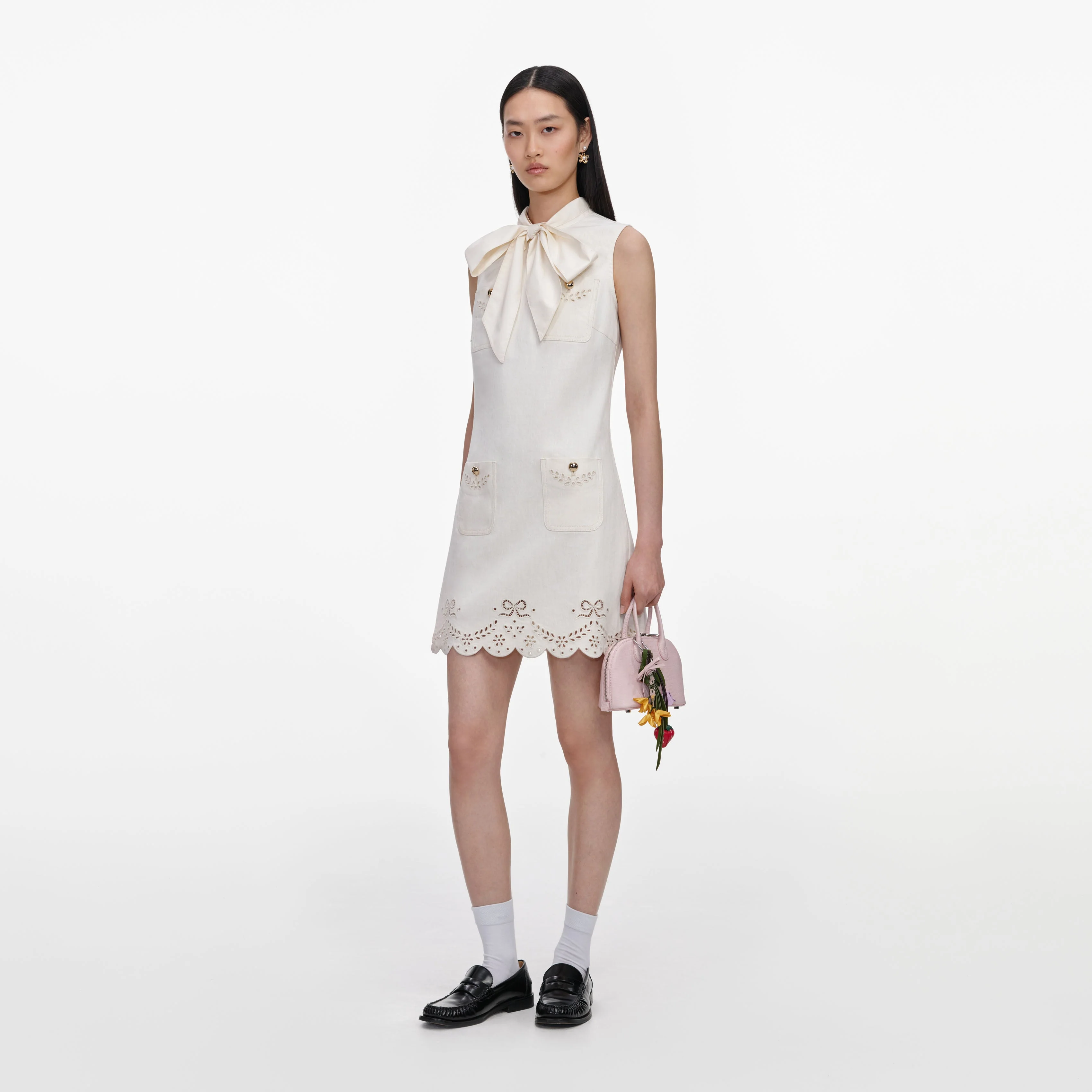 Cream Broderie Denim Mini Dress - Image 2