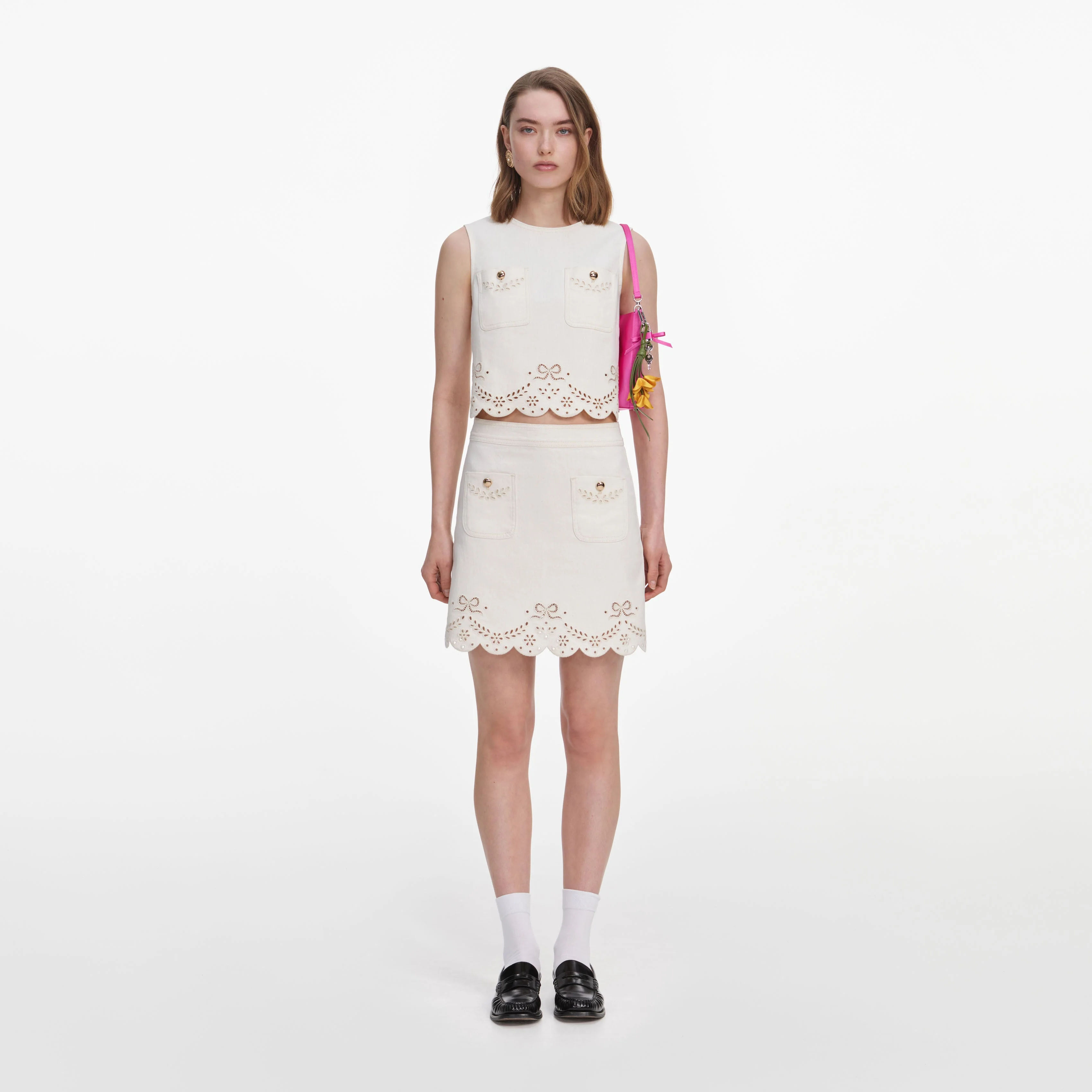 Cream Broderie Denim Mini Skirt
