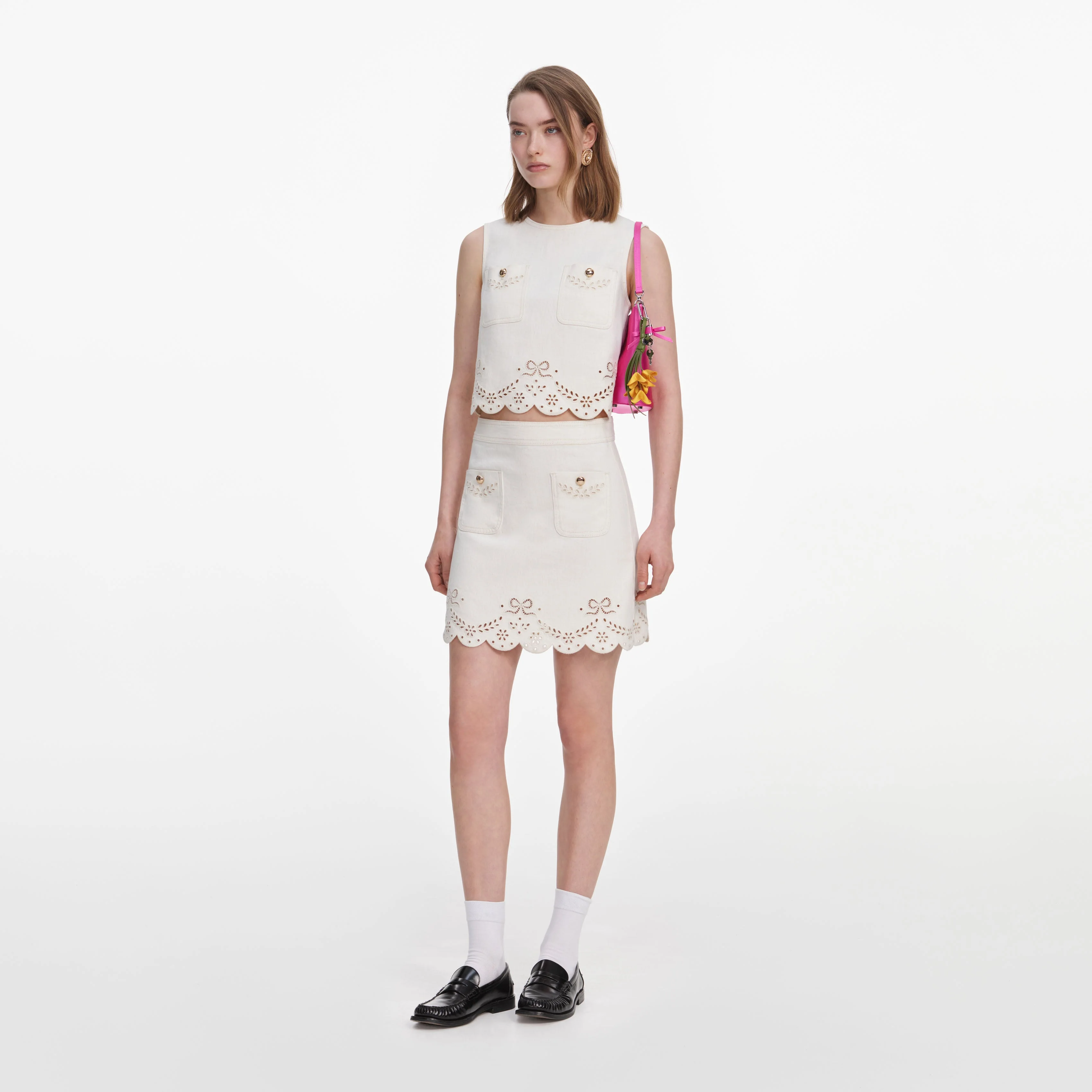 Cream Broderie Denim Mini Skirt - Image 2