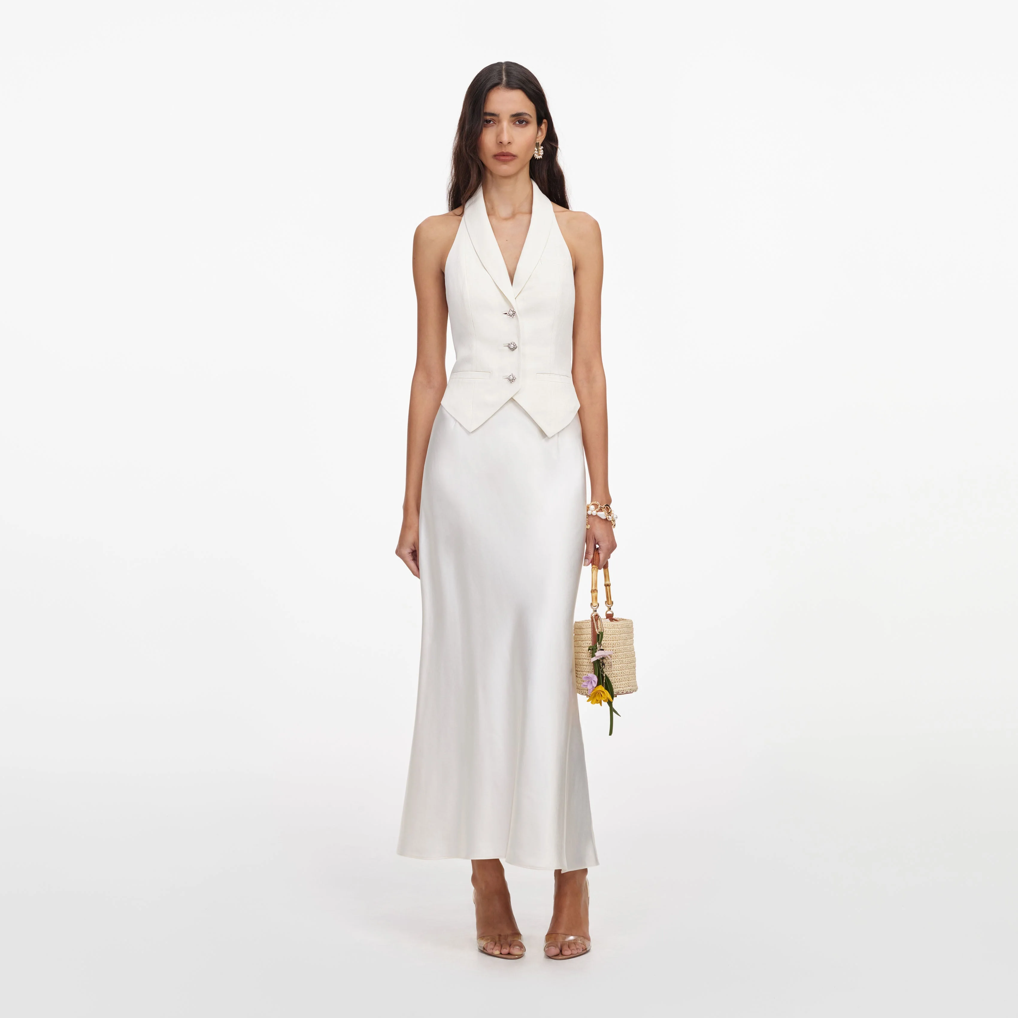 Cream Linen Blend Satin Midi Dress