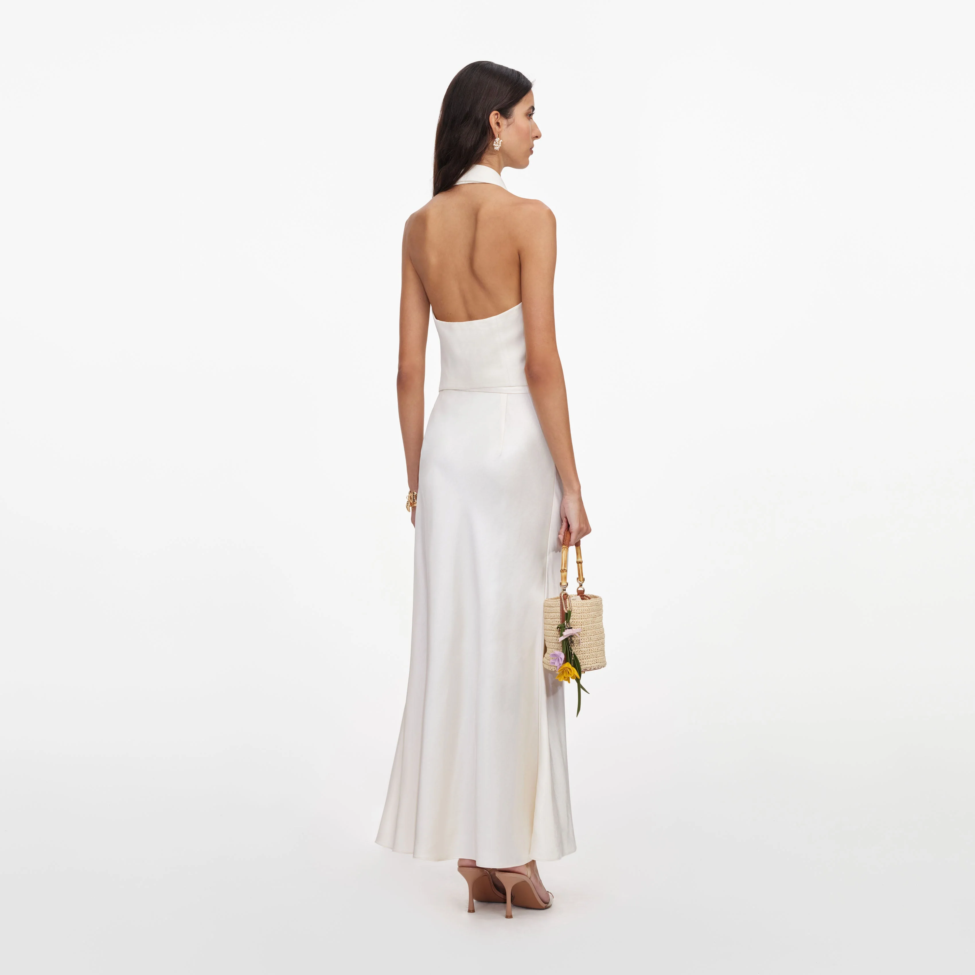 Cream Linen Blend Satin Midi Dress - Image 3