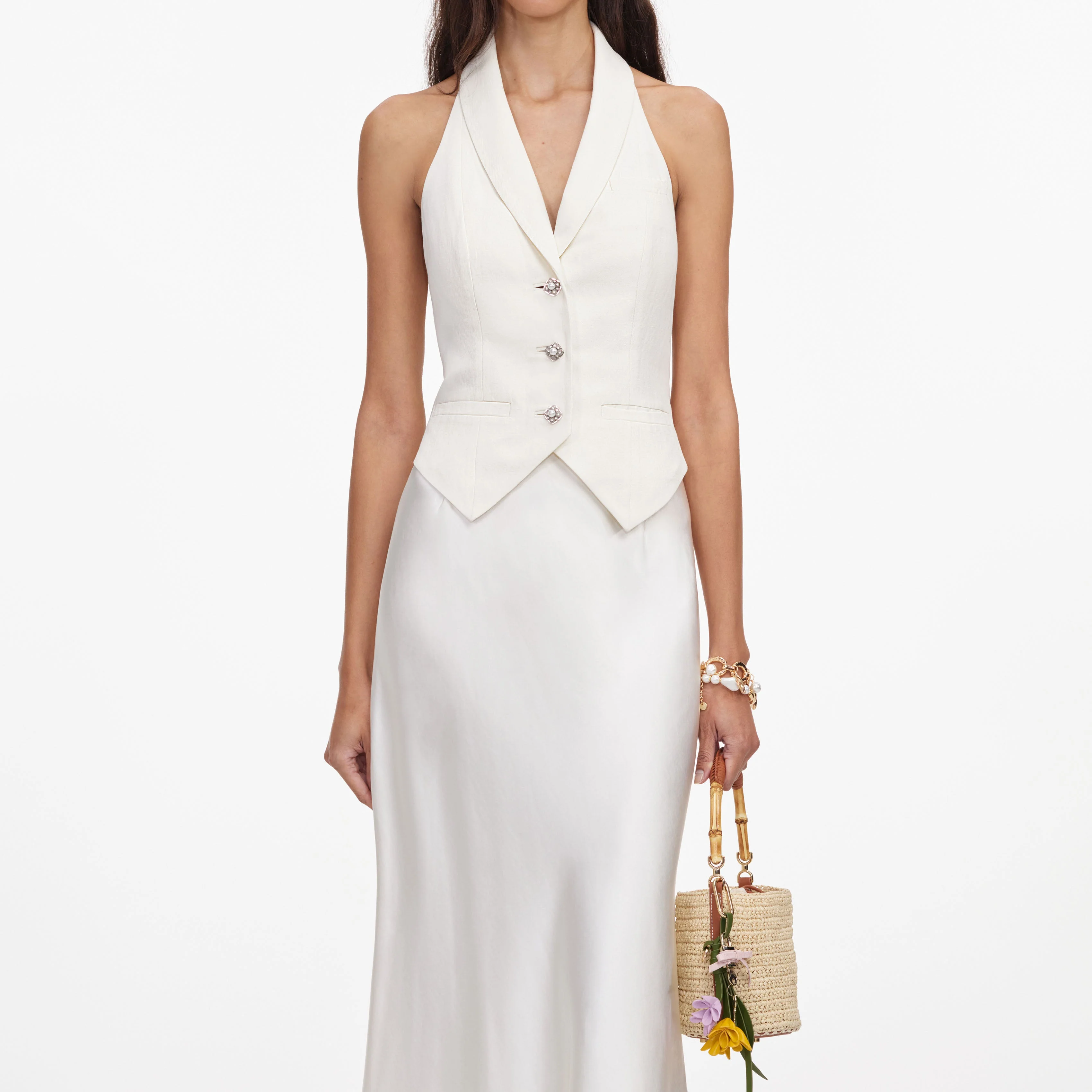 Cream Linen Blend Satin Midi Dress - Image 4