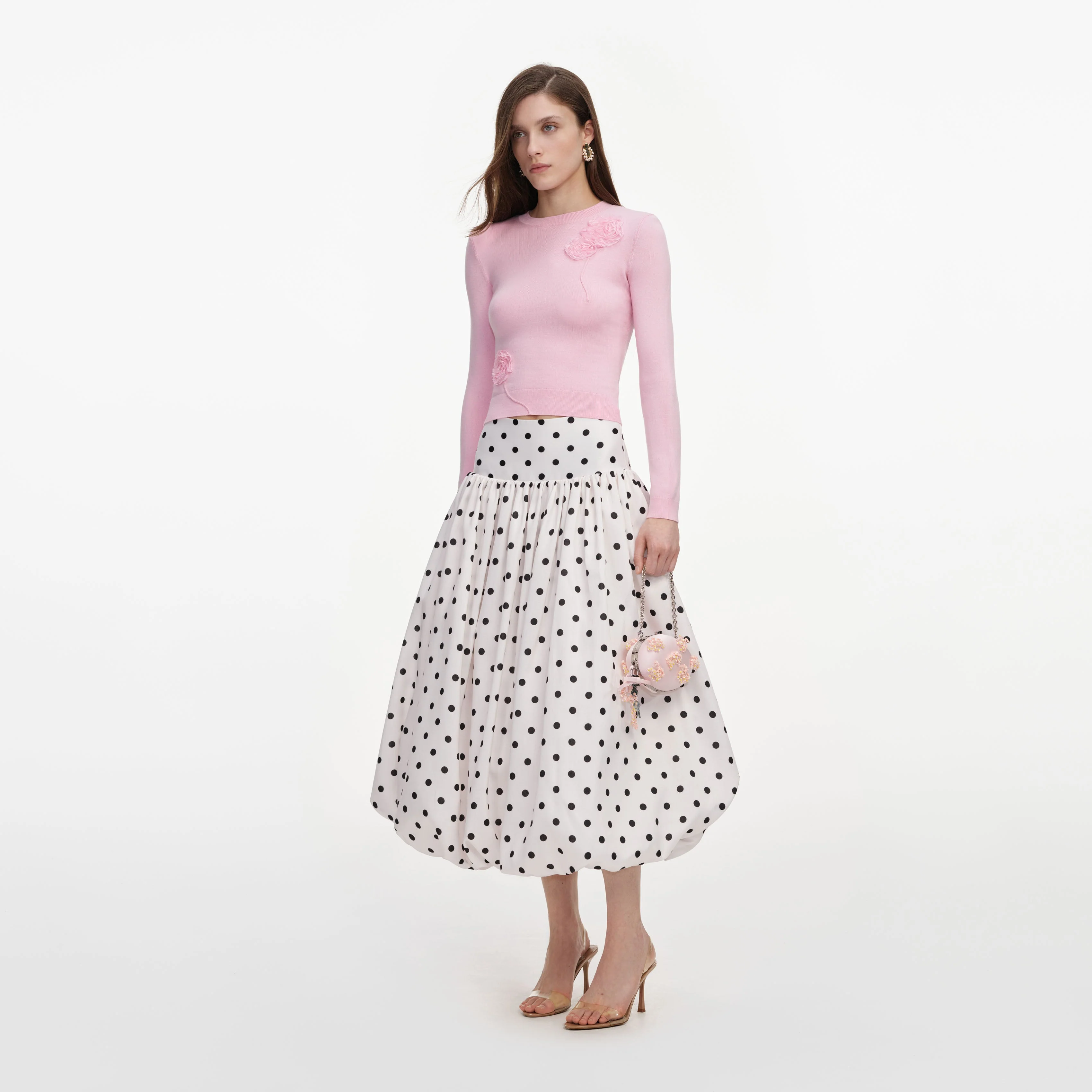 Cream Polka Dot Taffeta Midi Skirt - Image 2