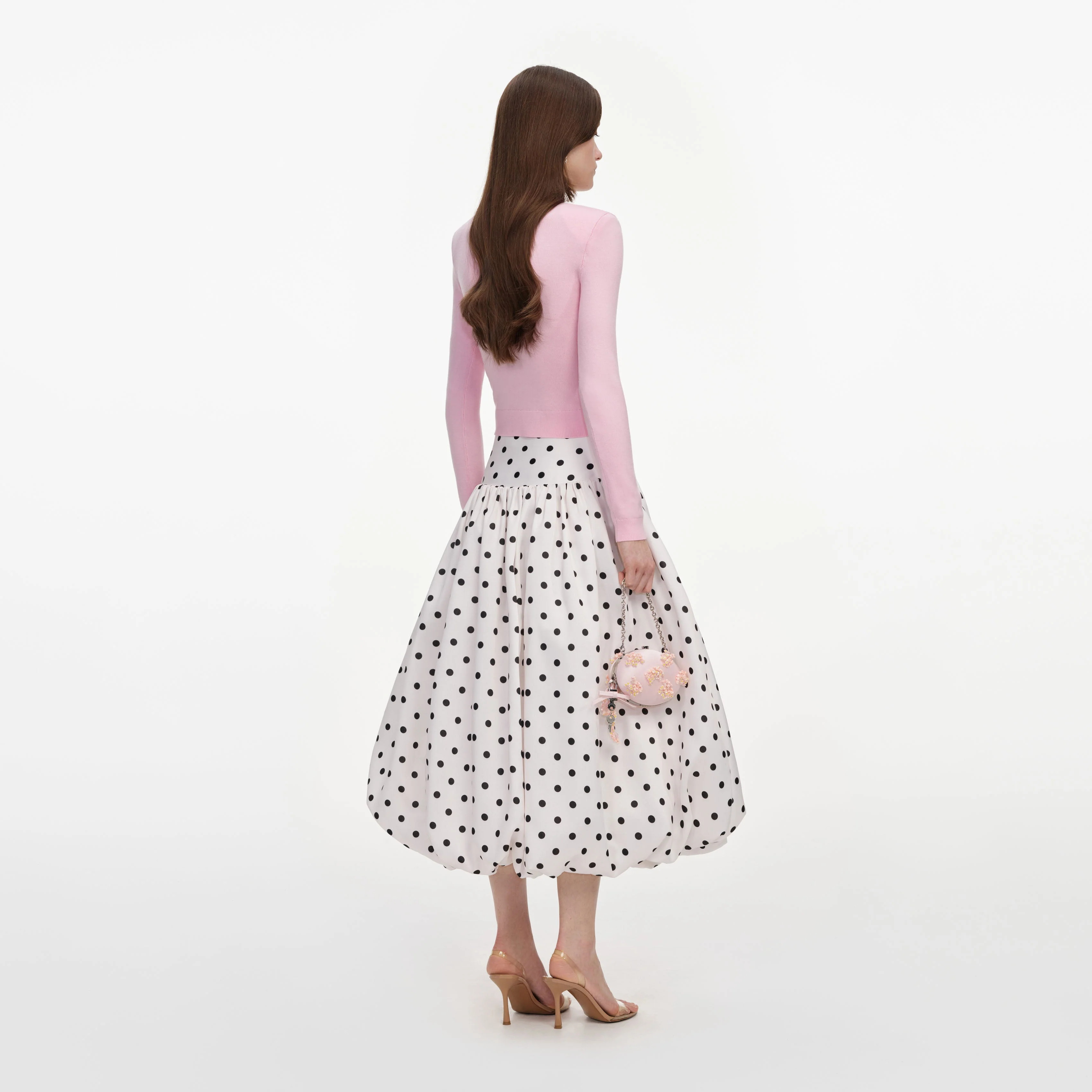 Cream Polka Dot Taffeta Midi Skirt - Image 3