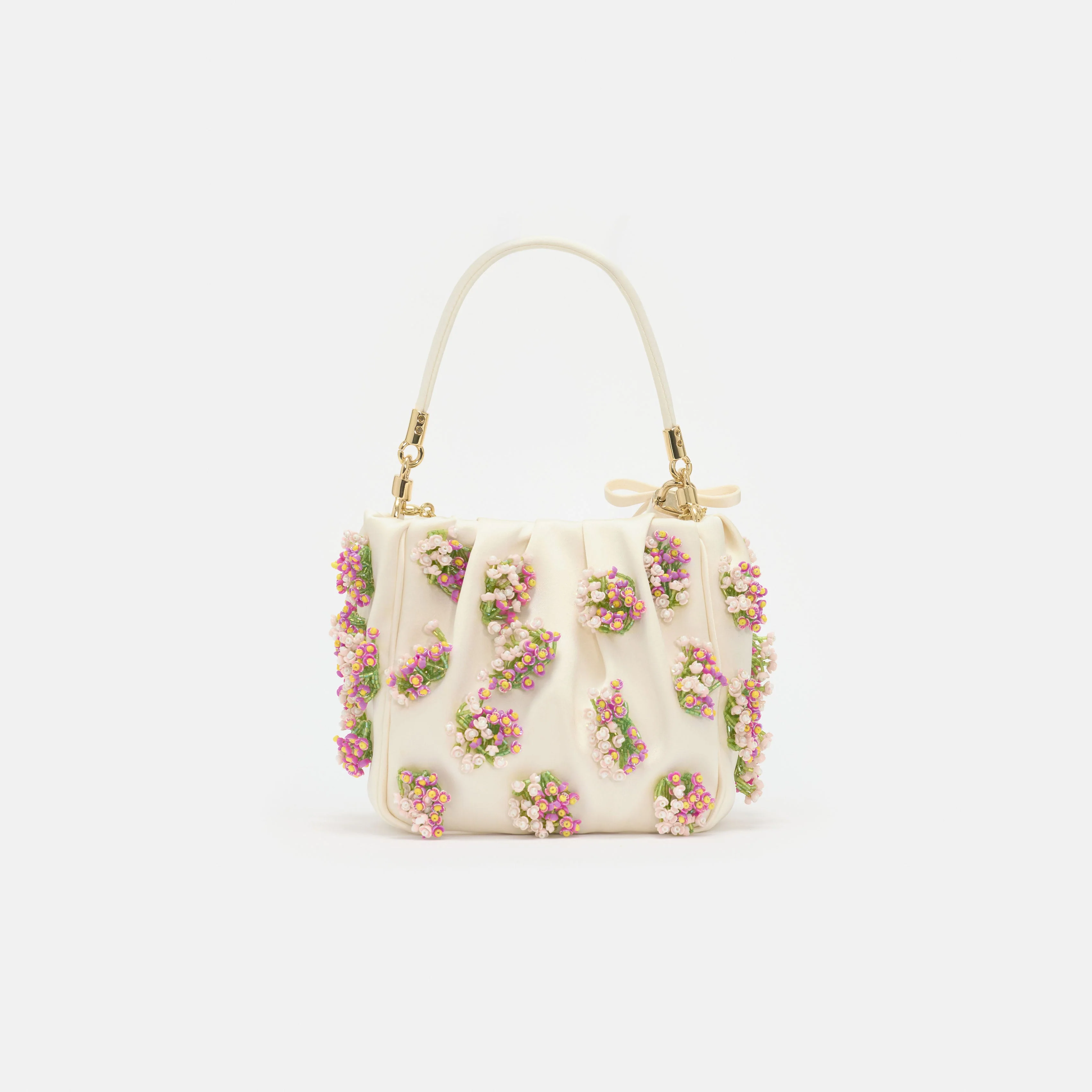Cream Satin Floral Beaded Tote Bag - Image 3
