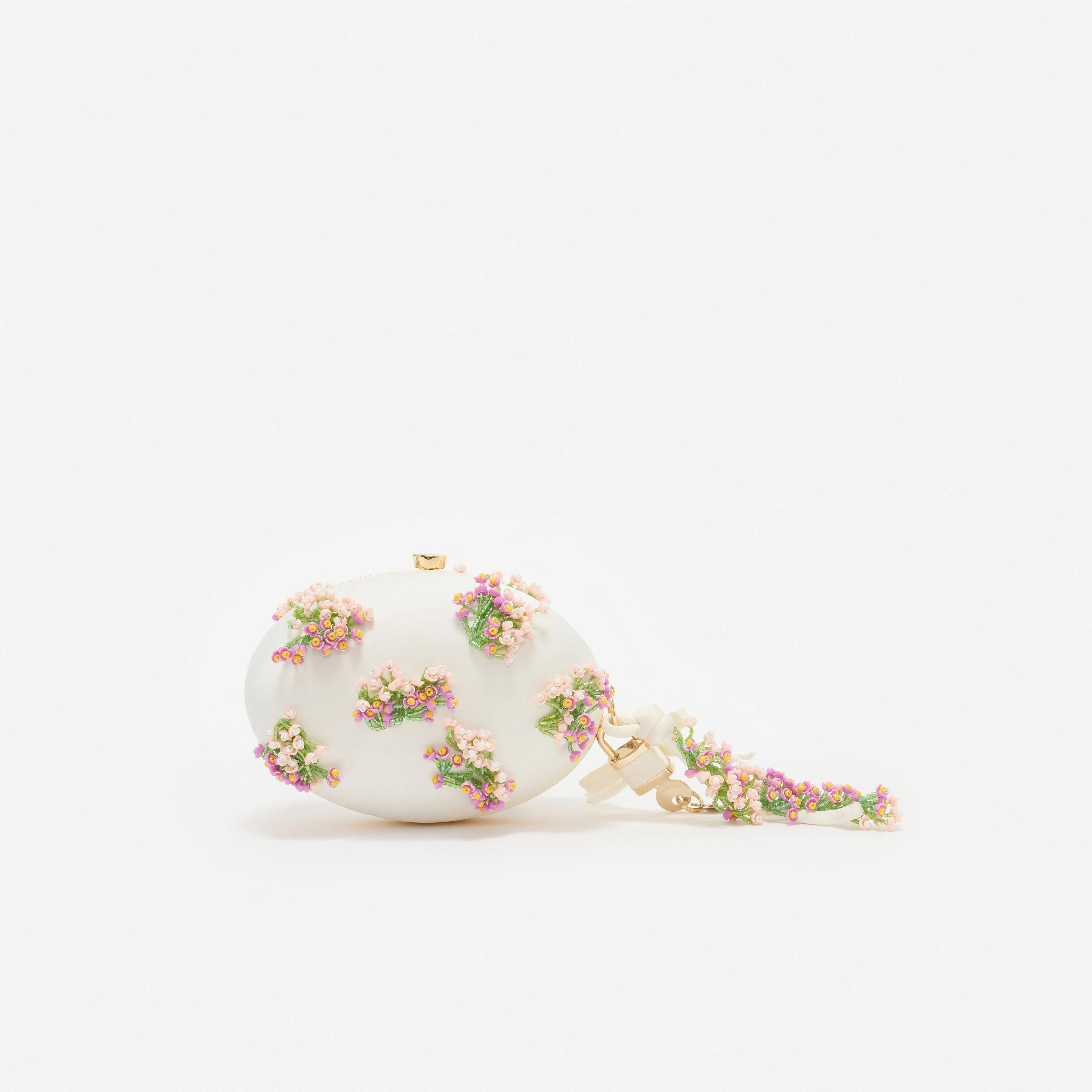 Cream Satin Pink Floral Beaded Oval Clutch - Image 3