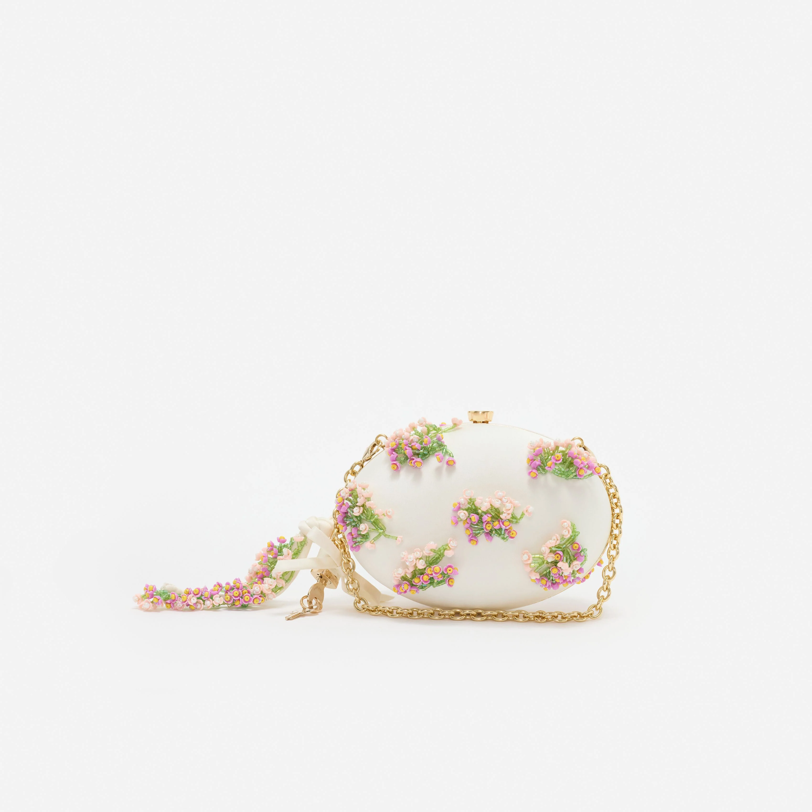 Cream Satin Pink Floral Beaded Oval Clutch - Image 4