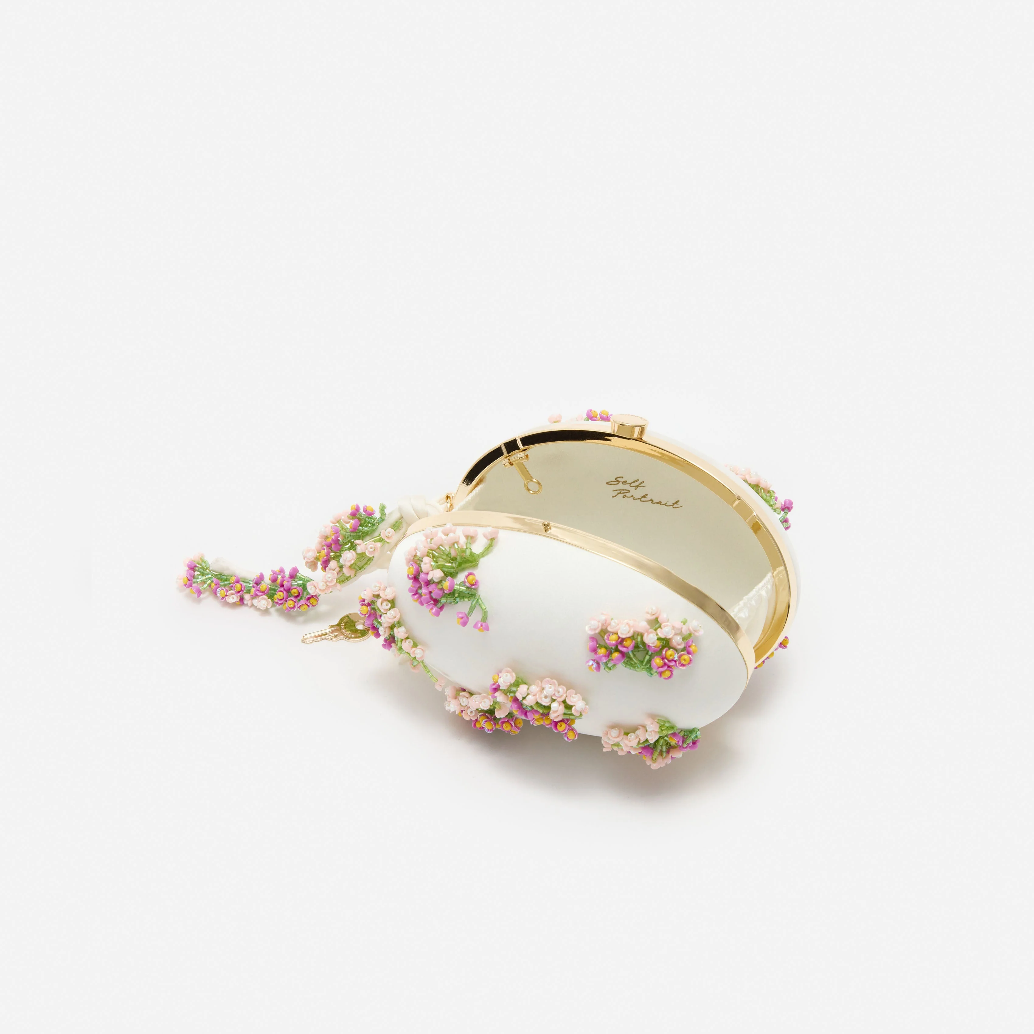 Cream Satin Pink Floral Beaded Oval Clutch - Image 5