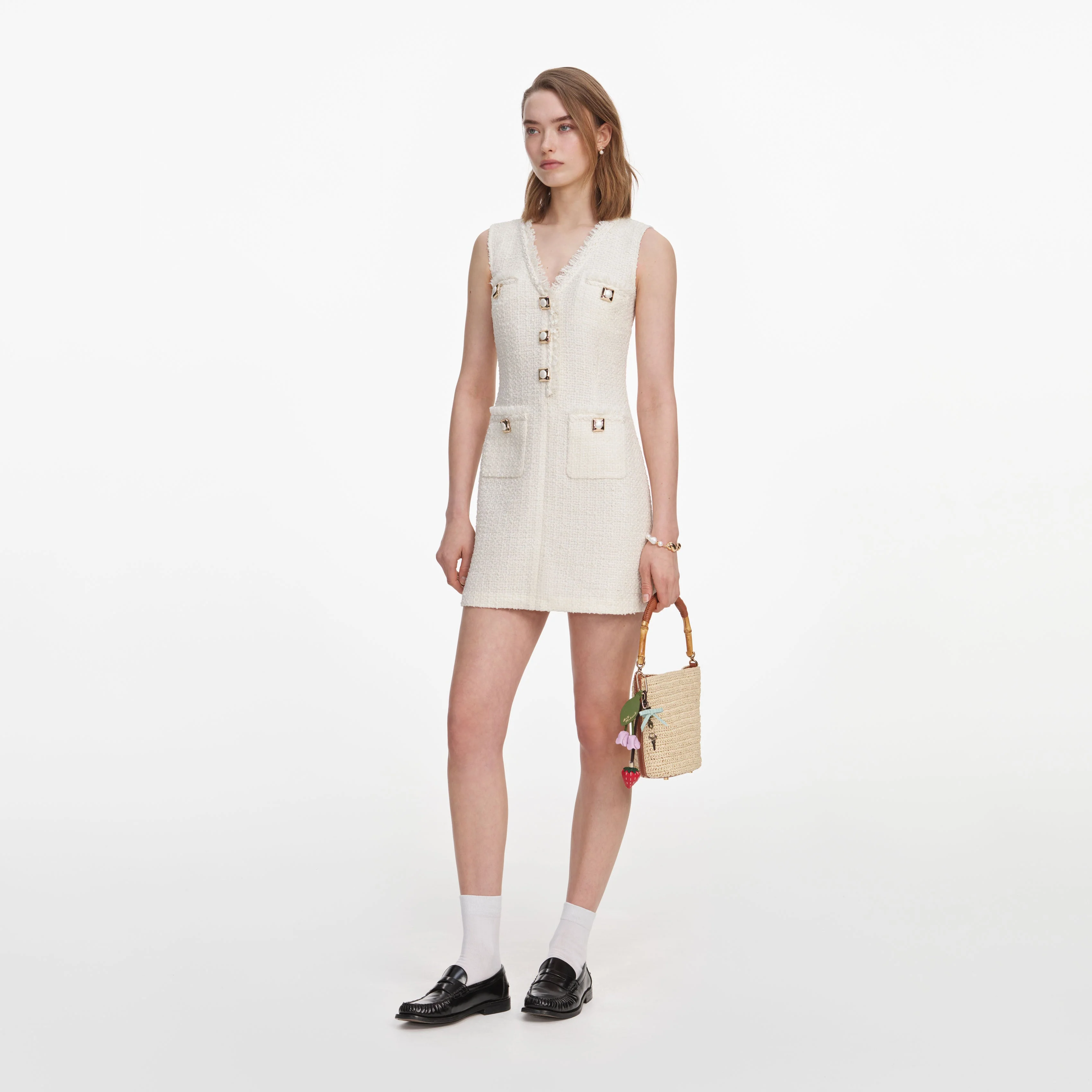 Cream Sleeveless Boucle Mini Dress - Image 2