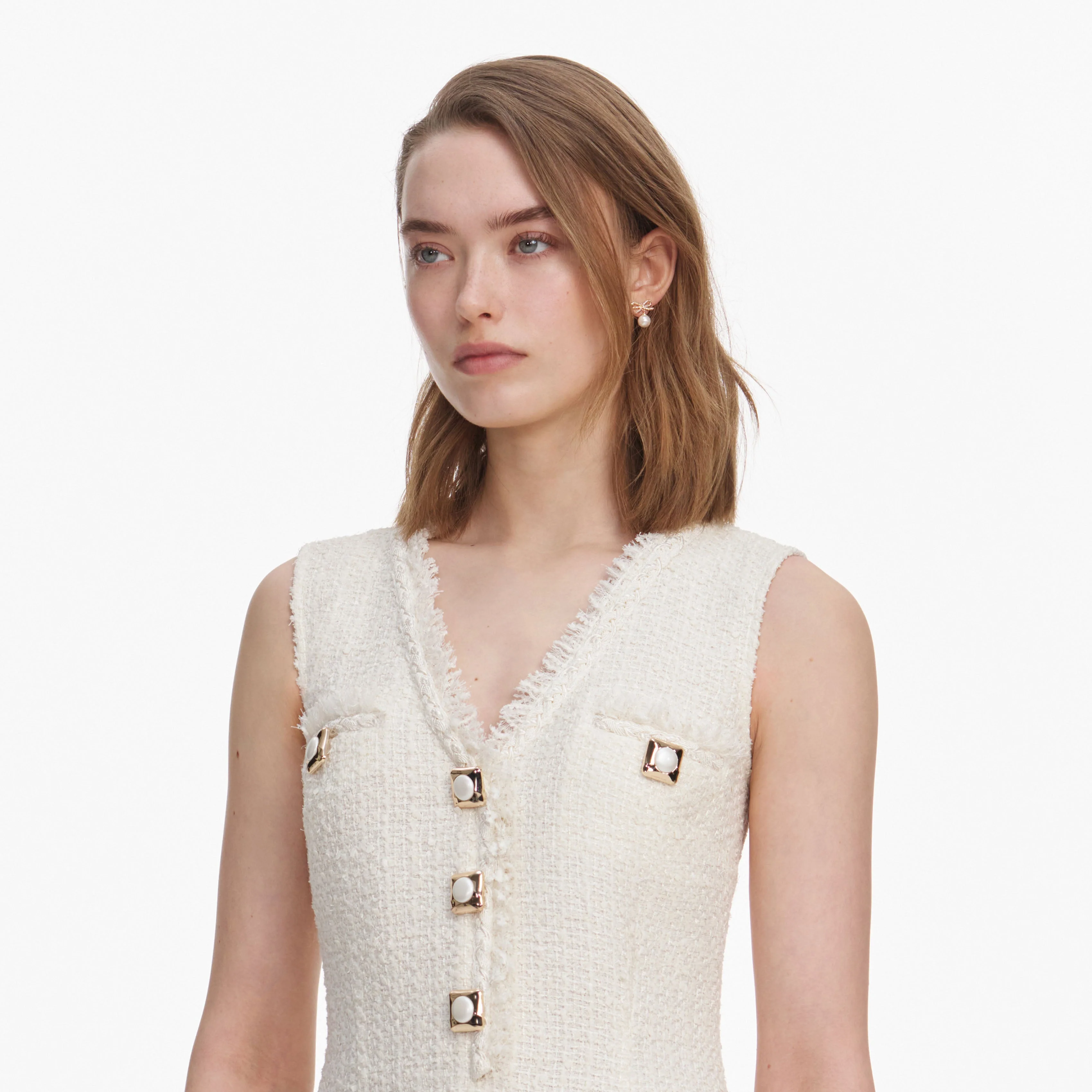Cream Sleeveless Boucle Mini Dress - Image 5