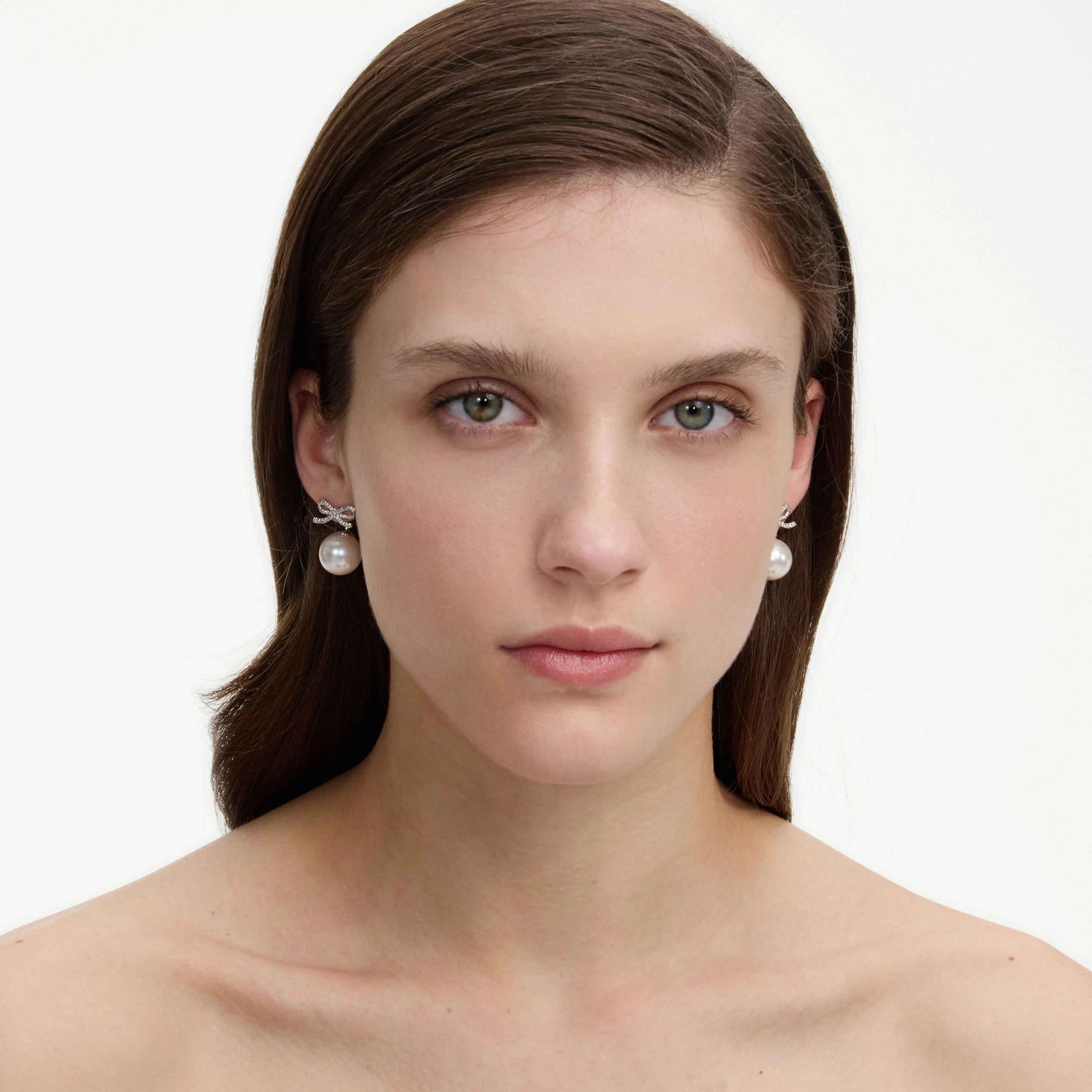 Crystal Bow Pearl Back Earrings - Image 3