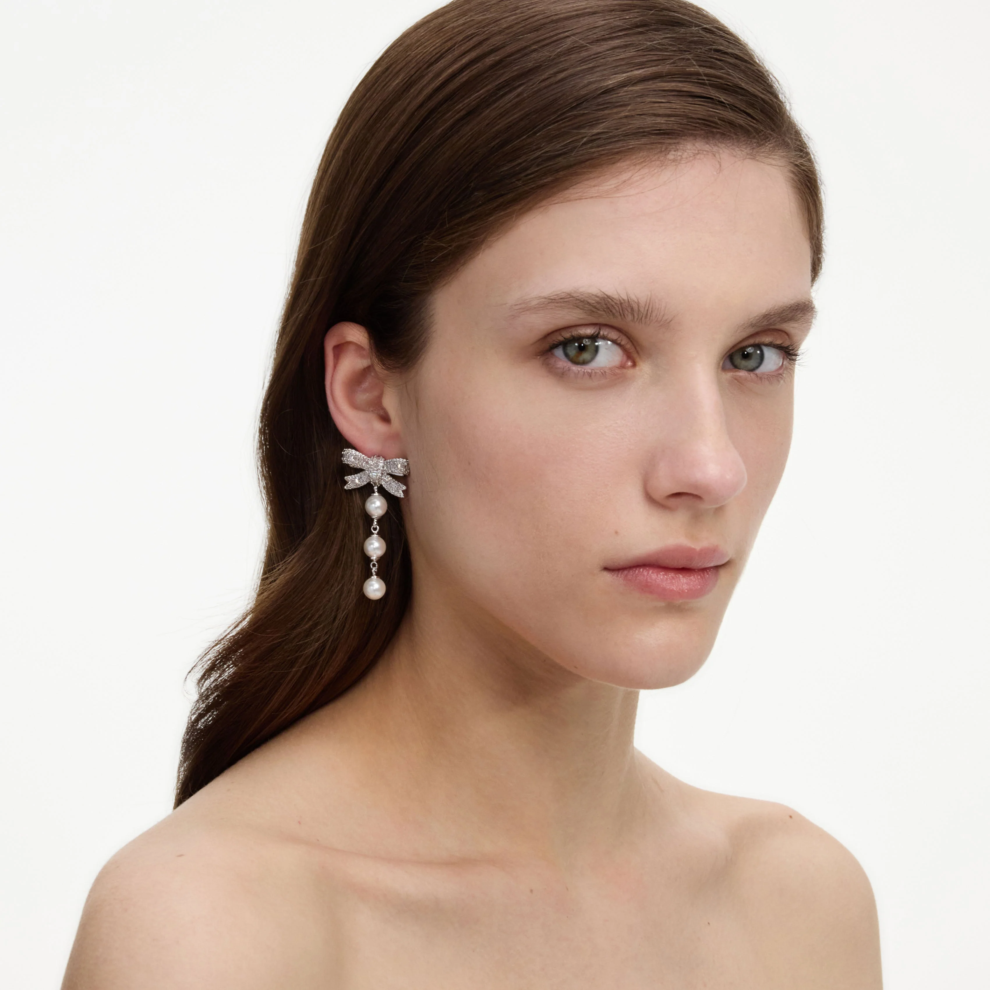 Crystal Bow Pearl Droplet Earrings - Image 2