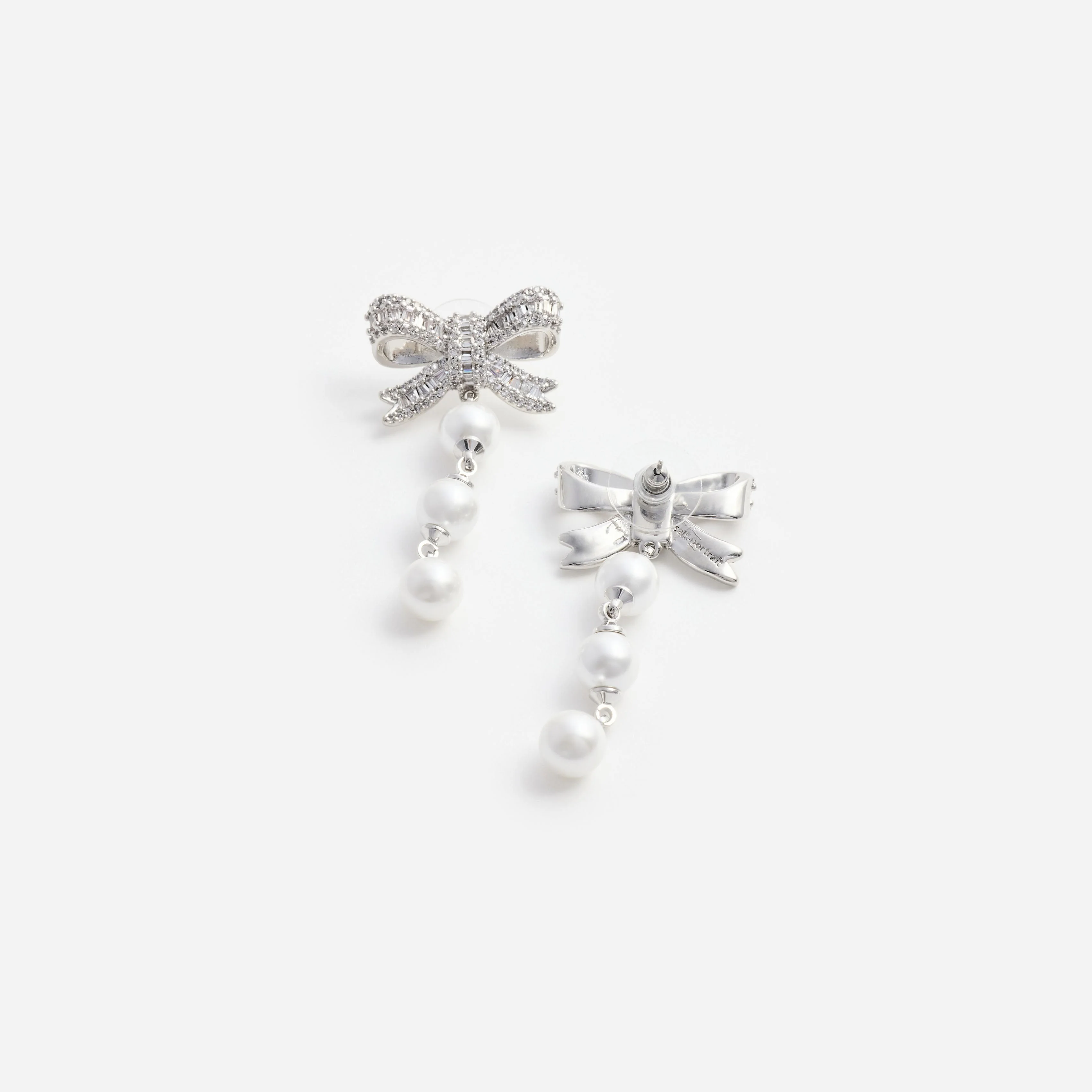 Crystal Bow Pearl Droplet Earrings - Image 3
