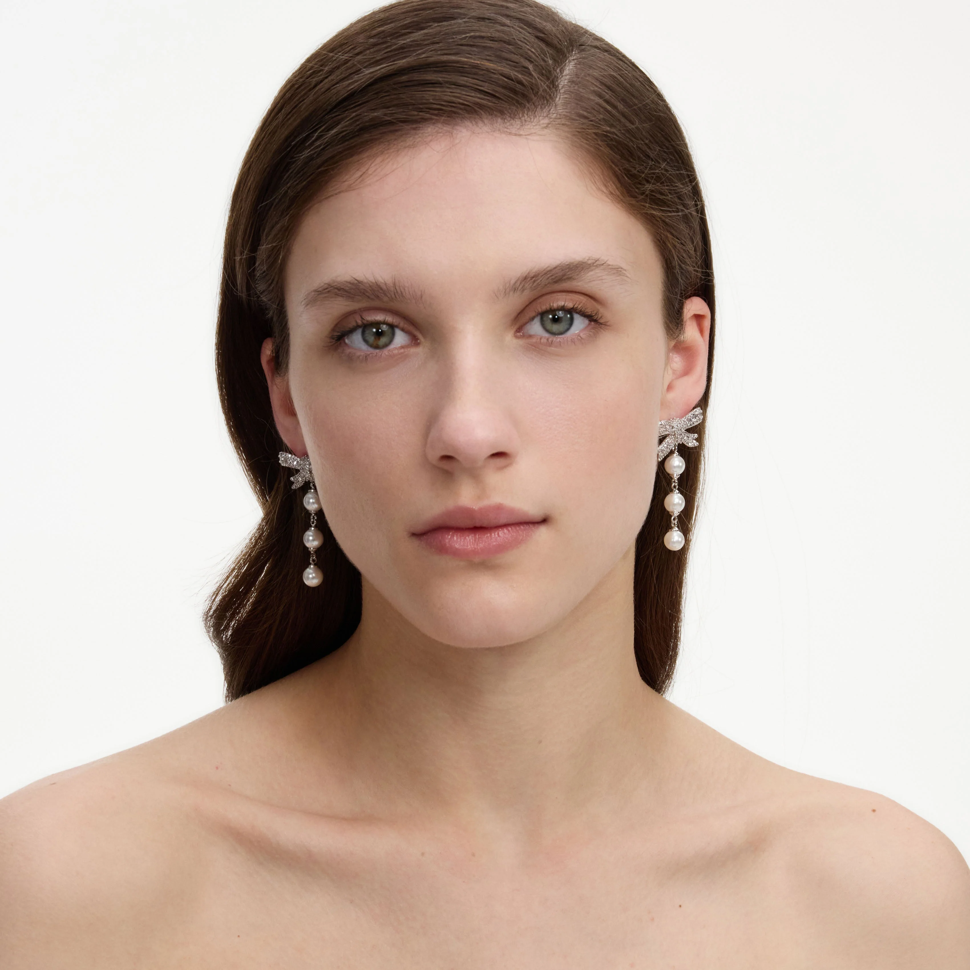 Crystal Bow Pearl Droplet Earrings - Image 4