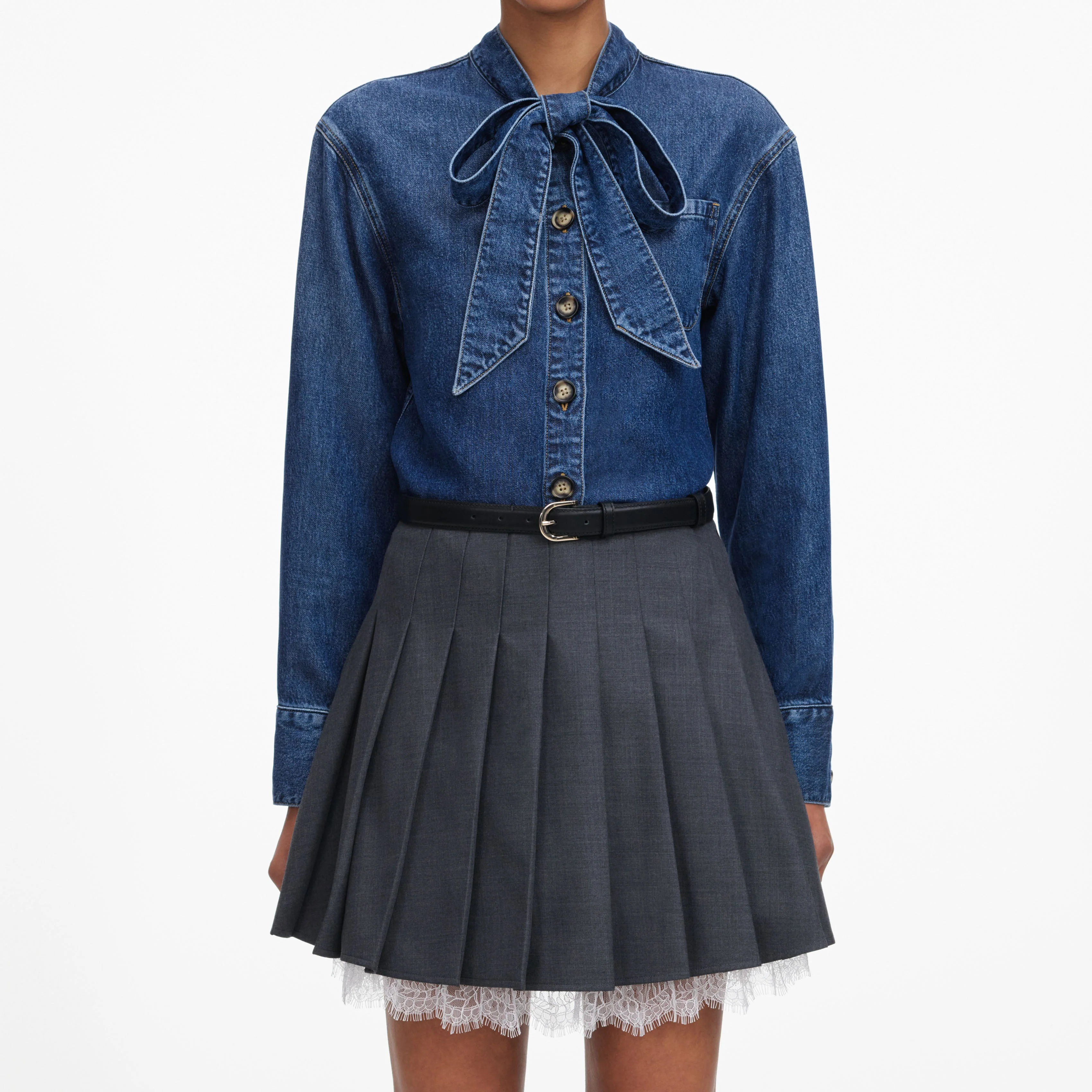 Denim Tie Neck Shirt - Image 4