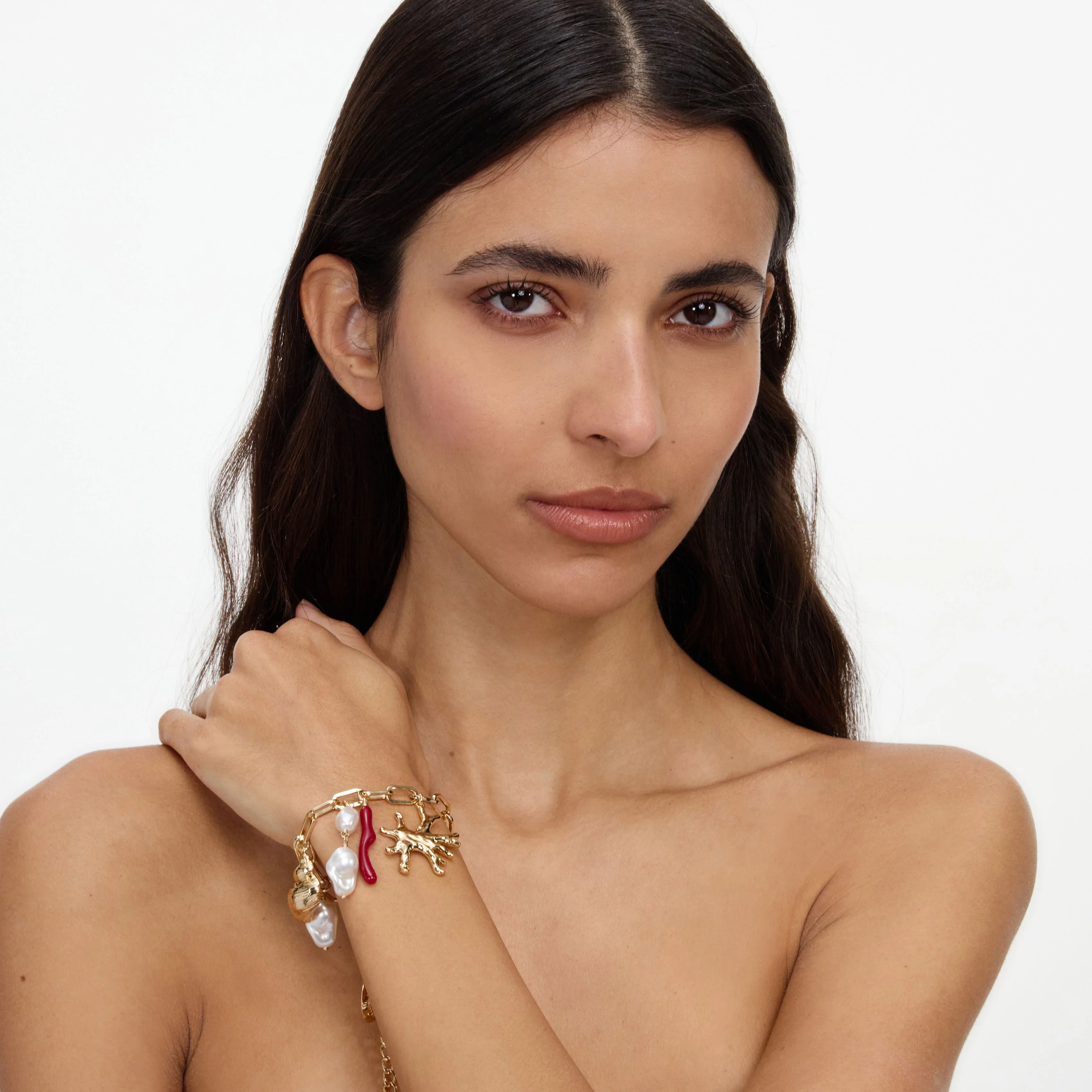 Gold Coral Pearl Charm Bracelet - Image 2