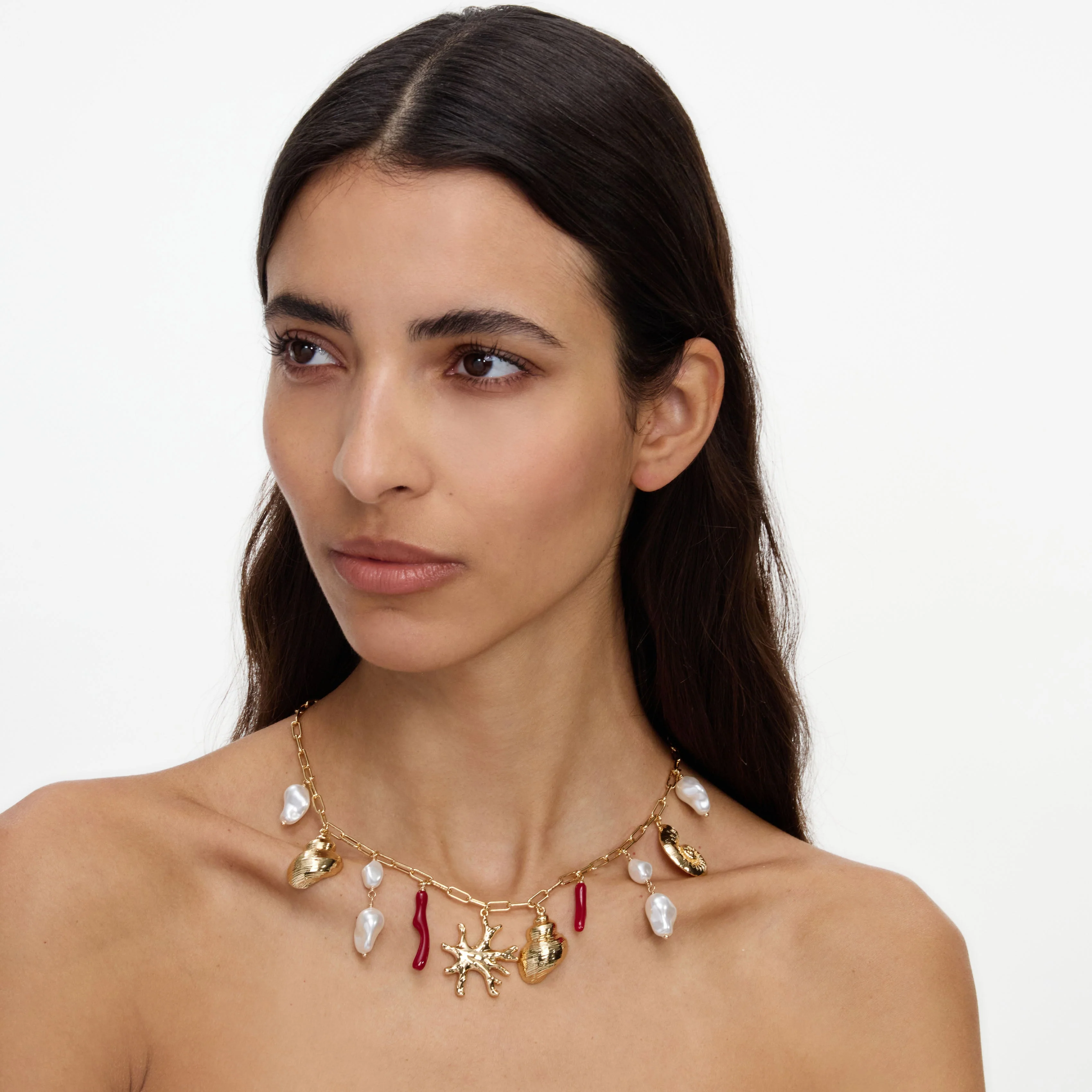 Gold Coral Pearl Charm Necklace - Image 2